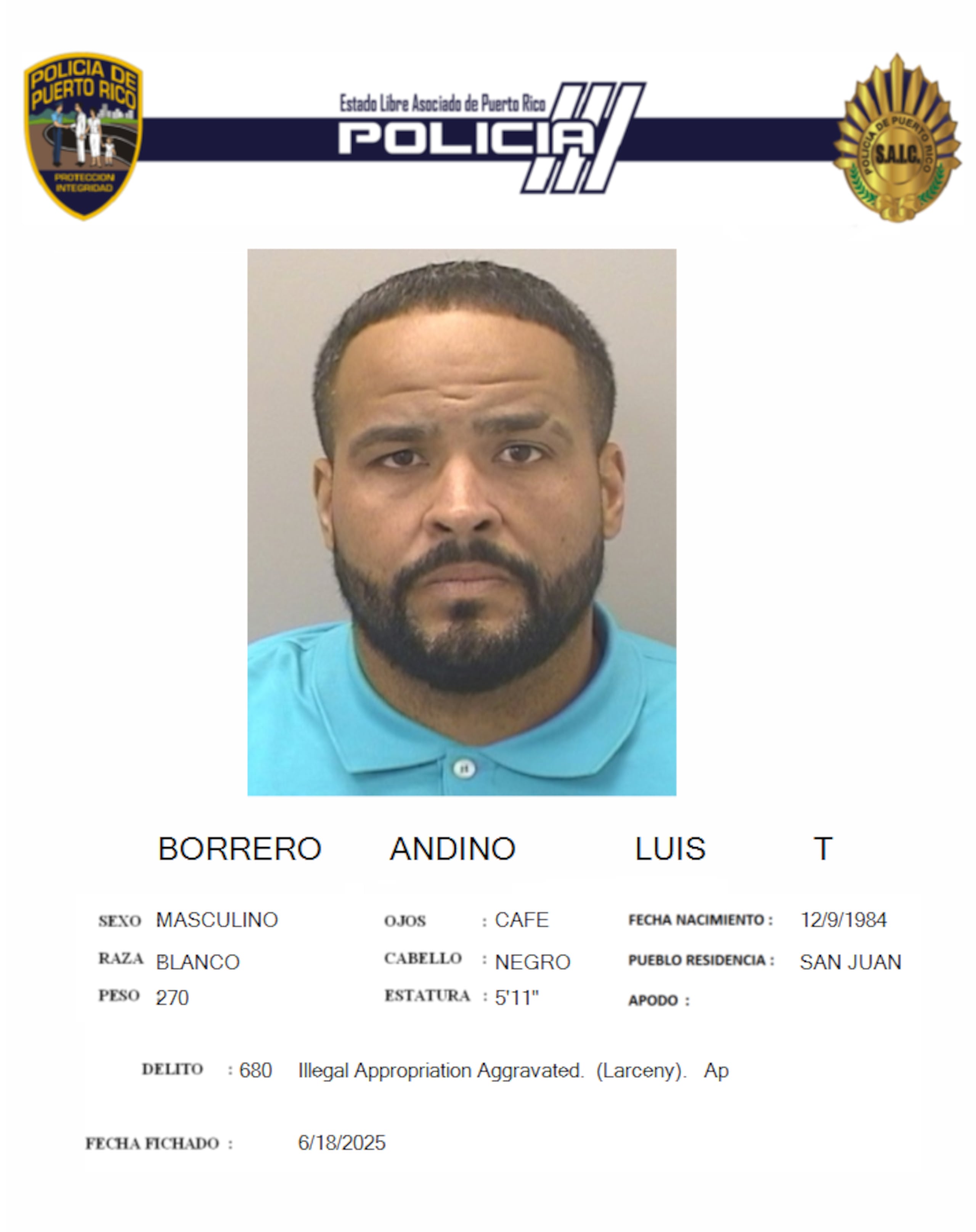 Luis T. Borrero Andino, enfrenta cargos por robo de identidad, fraude y apropiación ilegal agravada por solicitar los beneficios del Pandemic Unemployment Assistance (PUA, en inglés) con la identidad de otras personas.