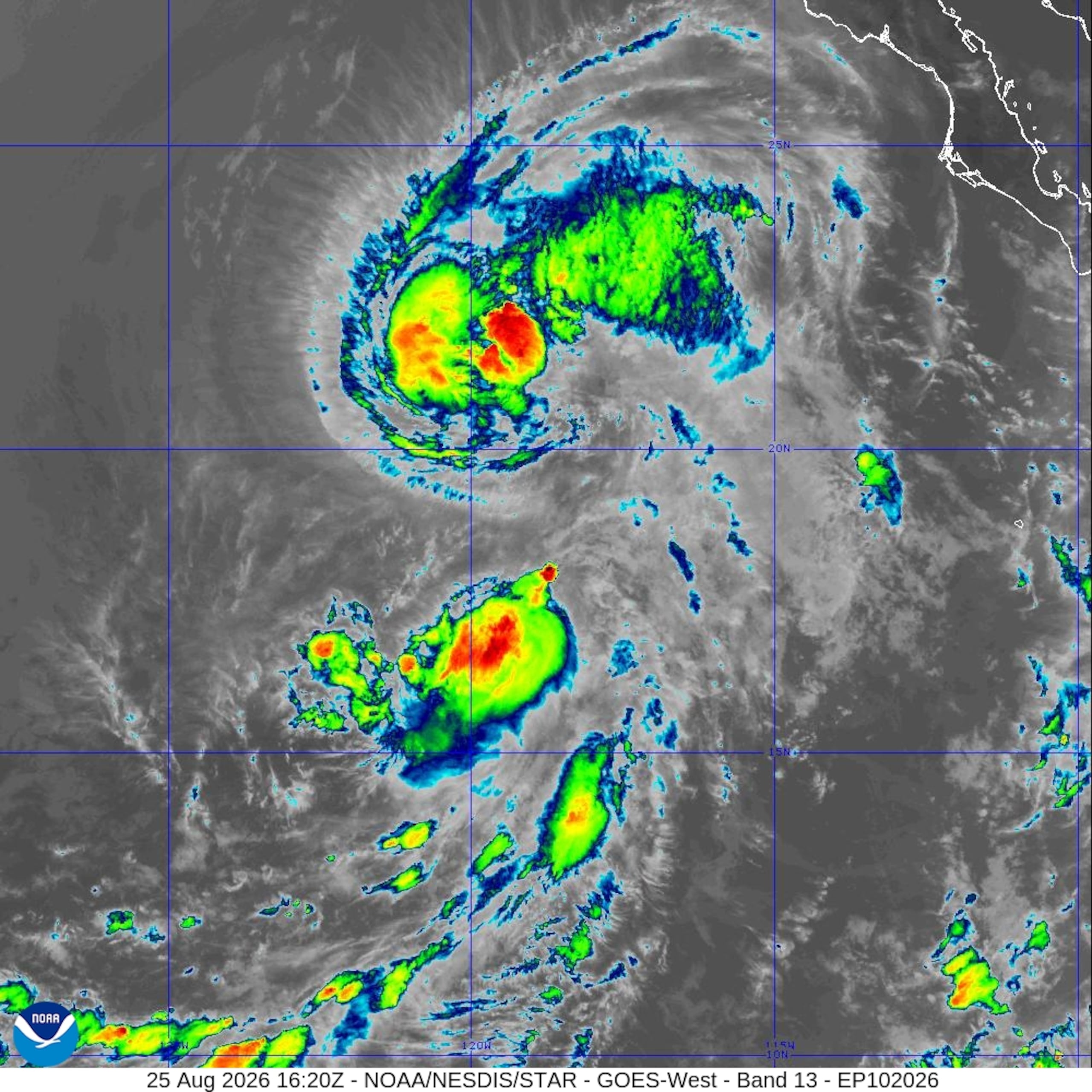 Imagen de satélite de la tormenta tropical Julio en el océano Pacífico este martes, 25 de agosto de 2026.