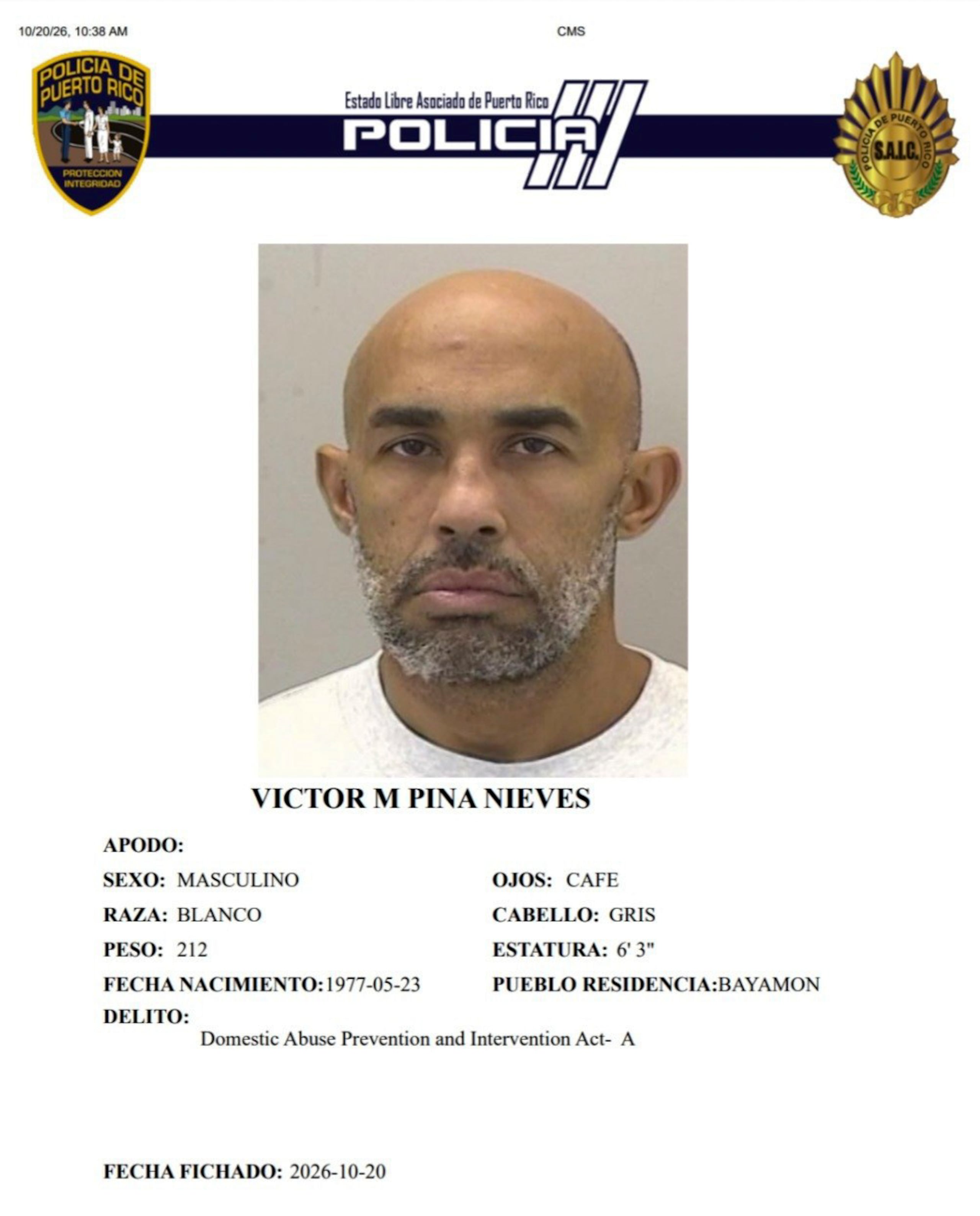 Víctor M. Pina Nieves, enfrenta cargos por violencia doméstica contra su expareja.