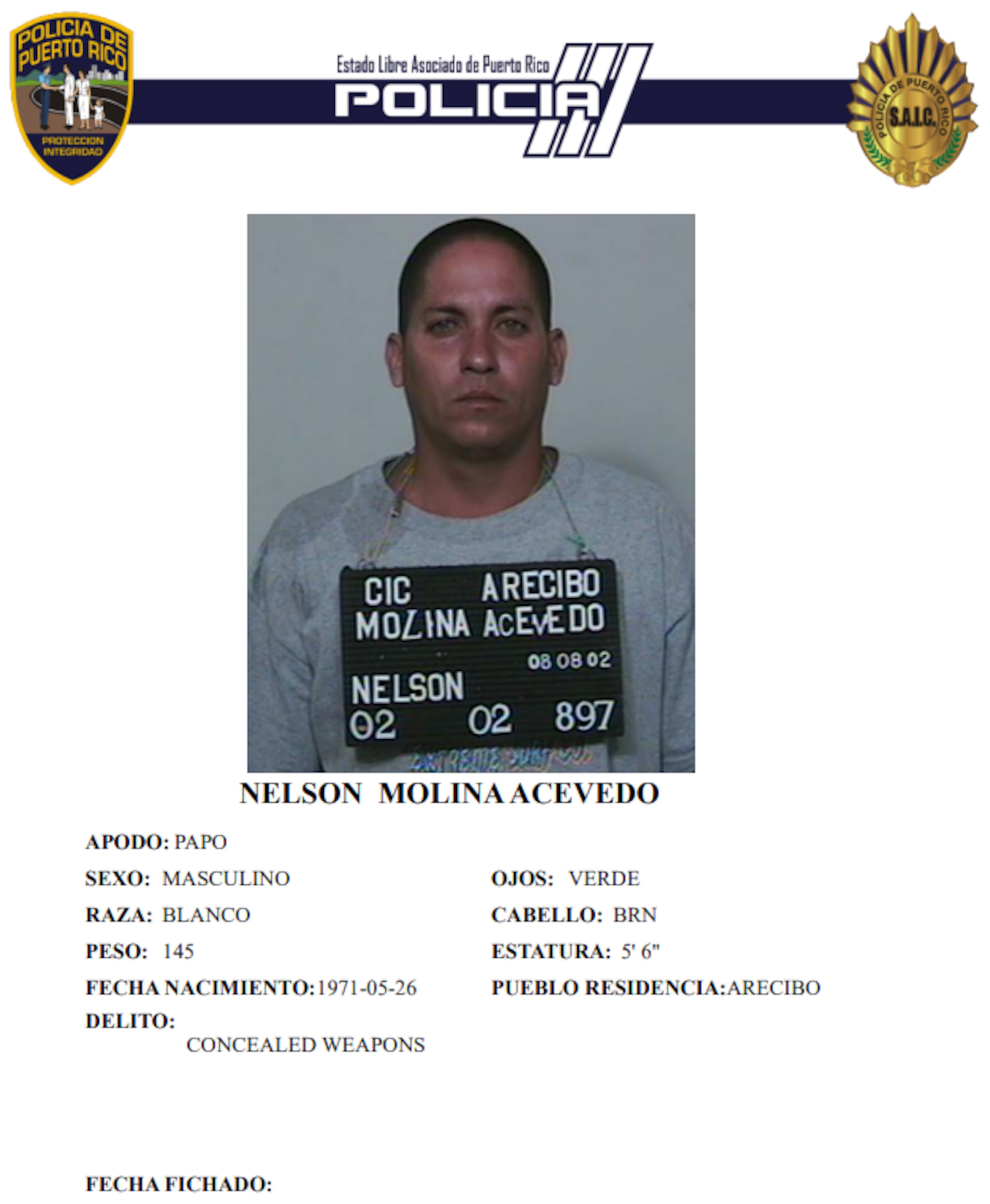 Ficha policíaca del occiso, Nelson Molina Acevedo “Papo Cartucho”.