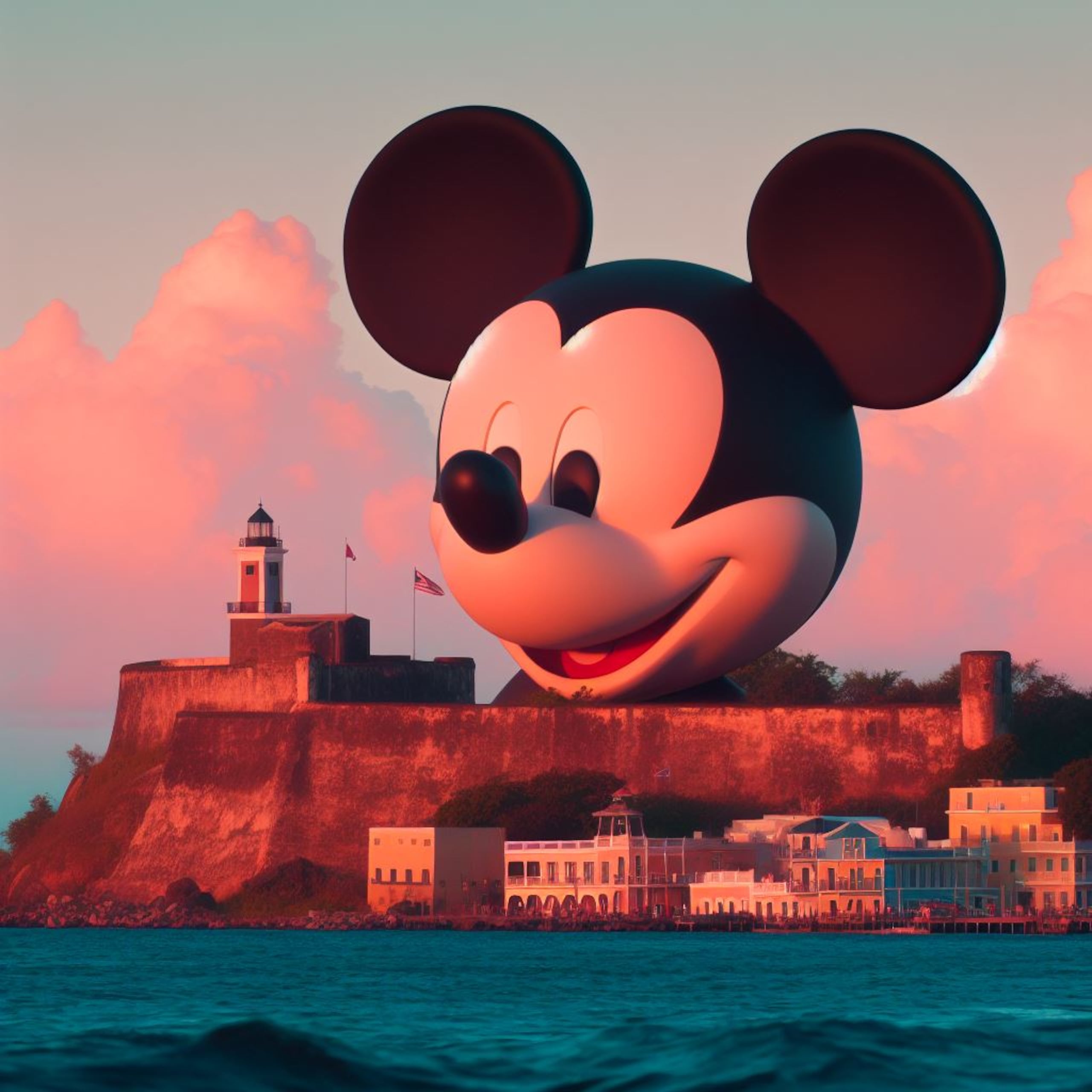 Esta imagen fue producida con el siguiente texto: "Genera una imagen al estilo Pixar de El Morro en Puerto Rico con Mickey Mouse".