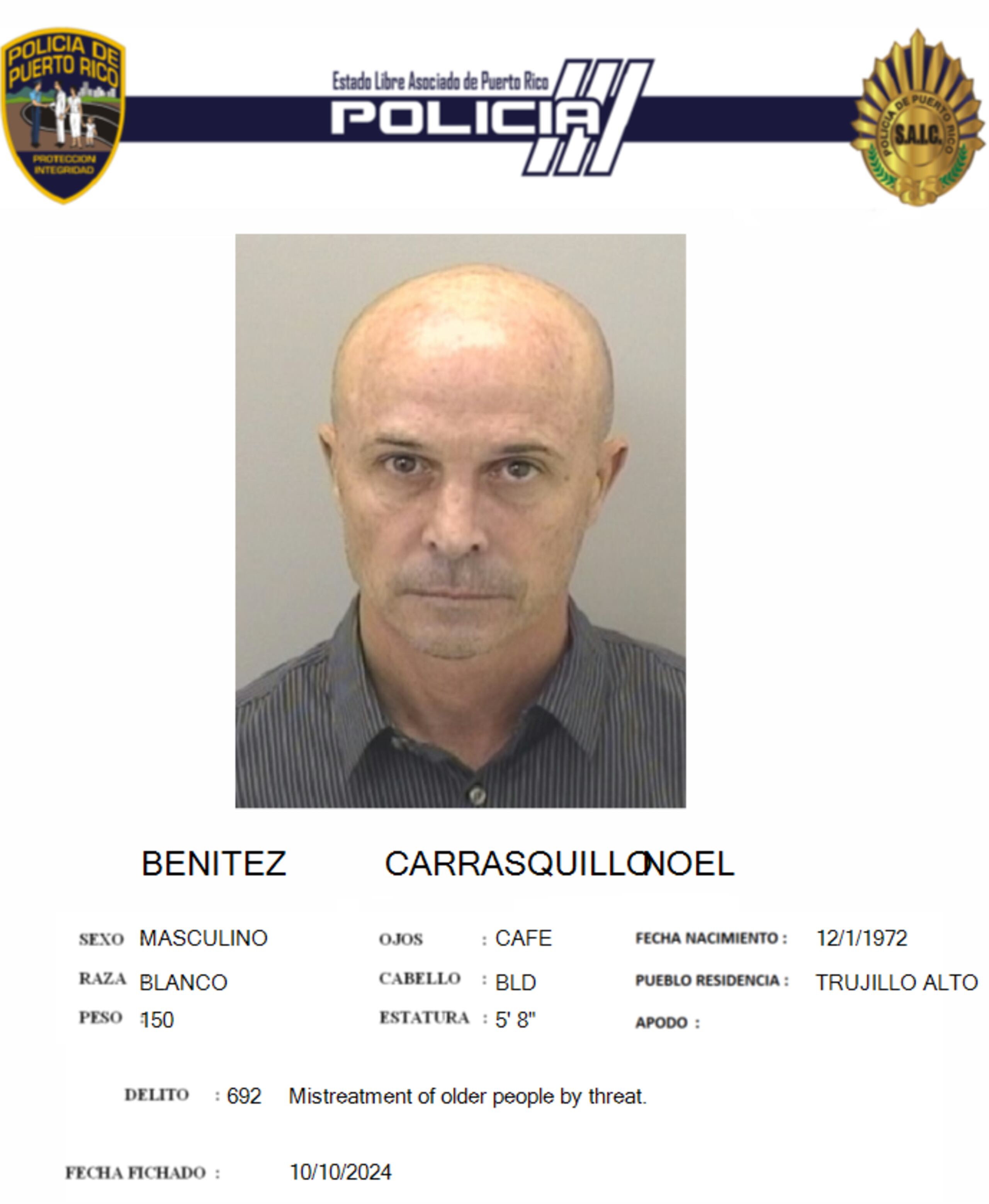 Noel Benítez Carrasquillo, enfrenta cargos de maltrato a personas de edad avanzada y amenaza.