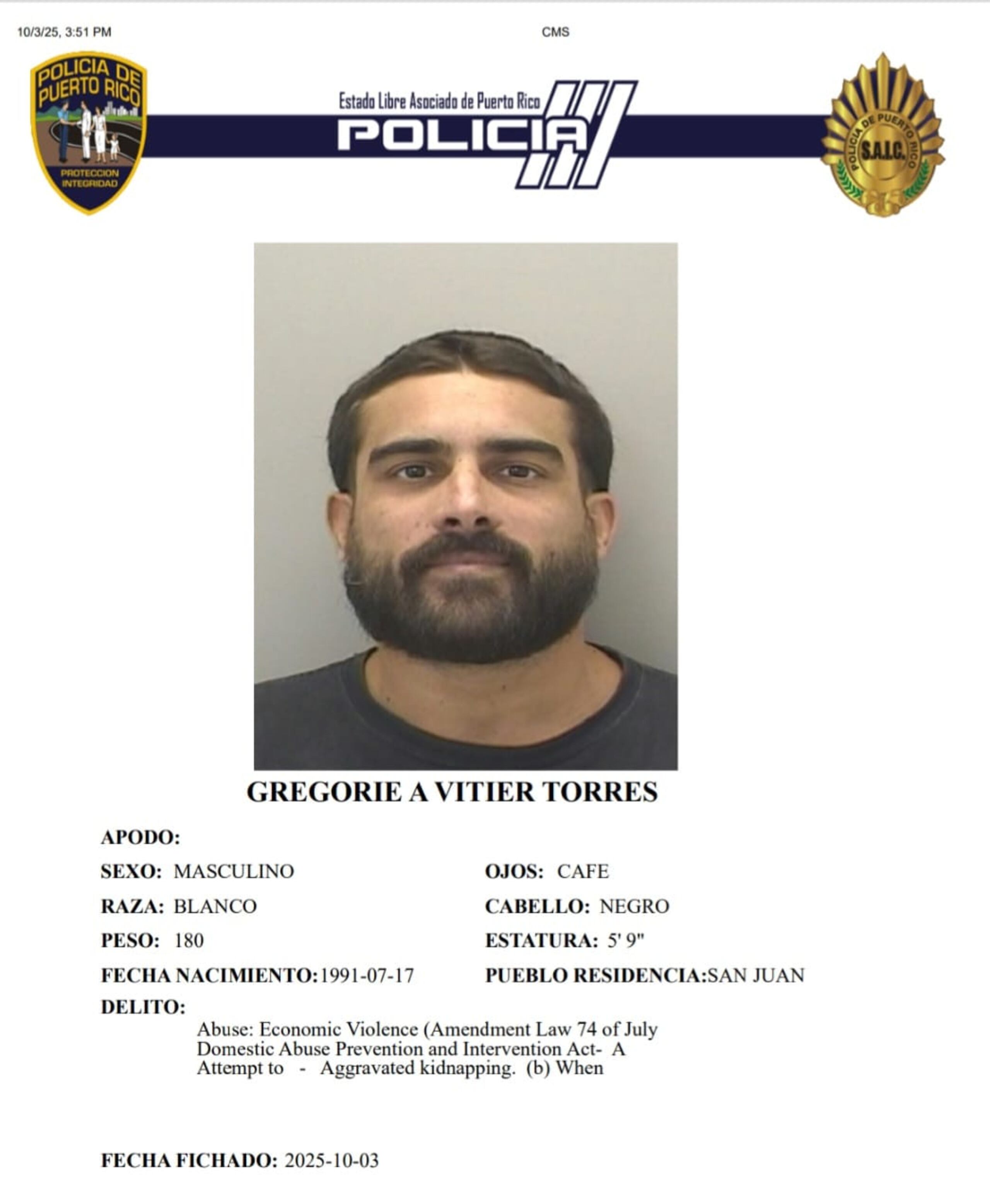Gregorie A. Vitier Torres, contra quien pesaba una orden de arresto por venganza pornográfica, maltrato y amenaza de la Ley 54, se entregó a las autoridades.