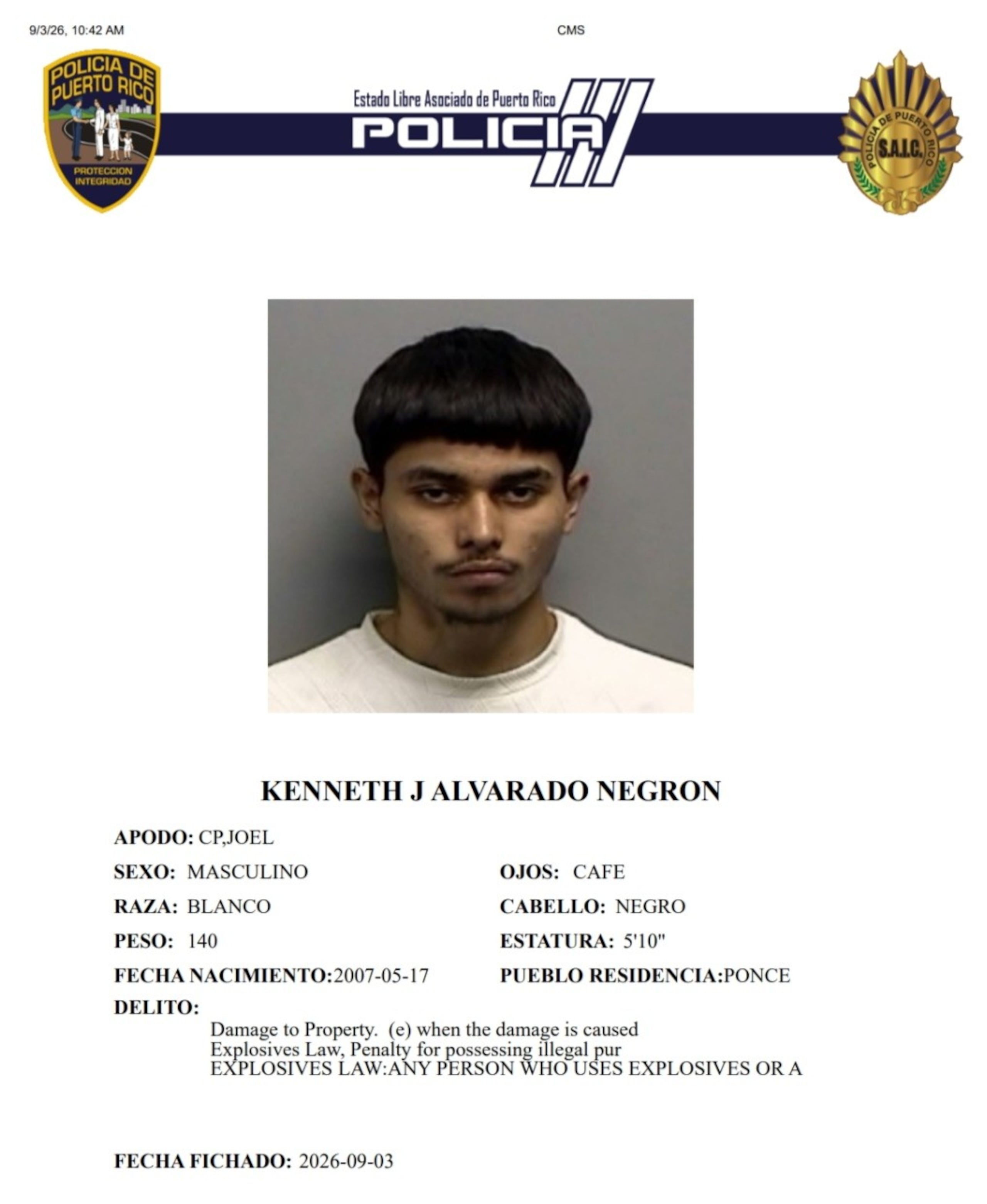 Kenneth Joel Alvarado Negrón enfrenta cargos por posesión con propósitos ilegales de bomba incendiaria, incendio agravado y daños agravados.