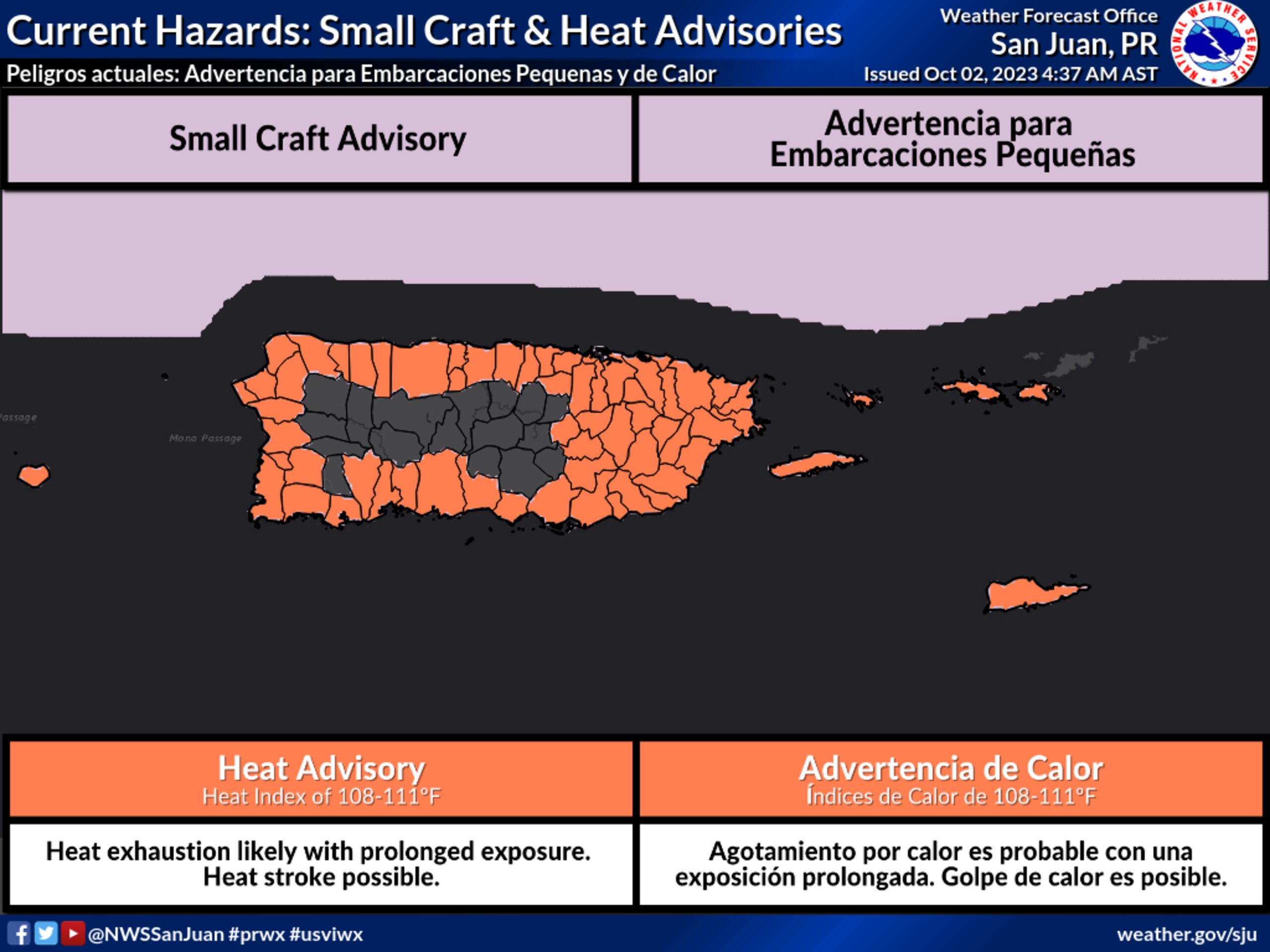 Advertencia de calor y embarcaciones pequeñas emitida por el Servicio Nacional de Meteorología en San Juan el 2 de octubre de 2023.