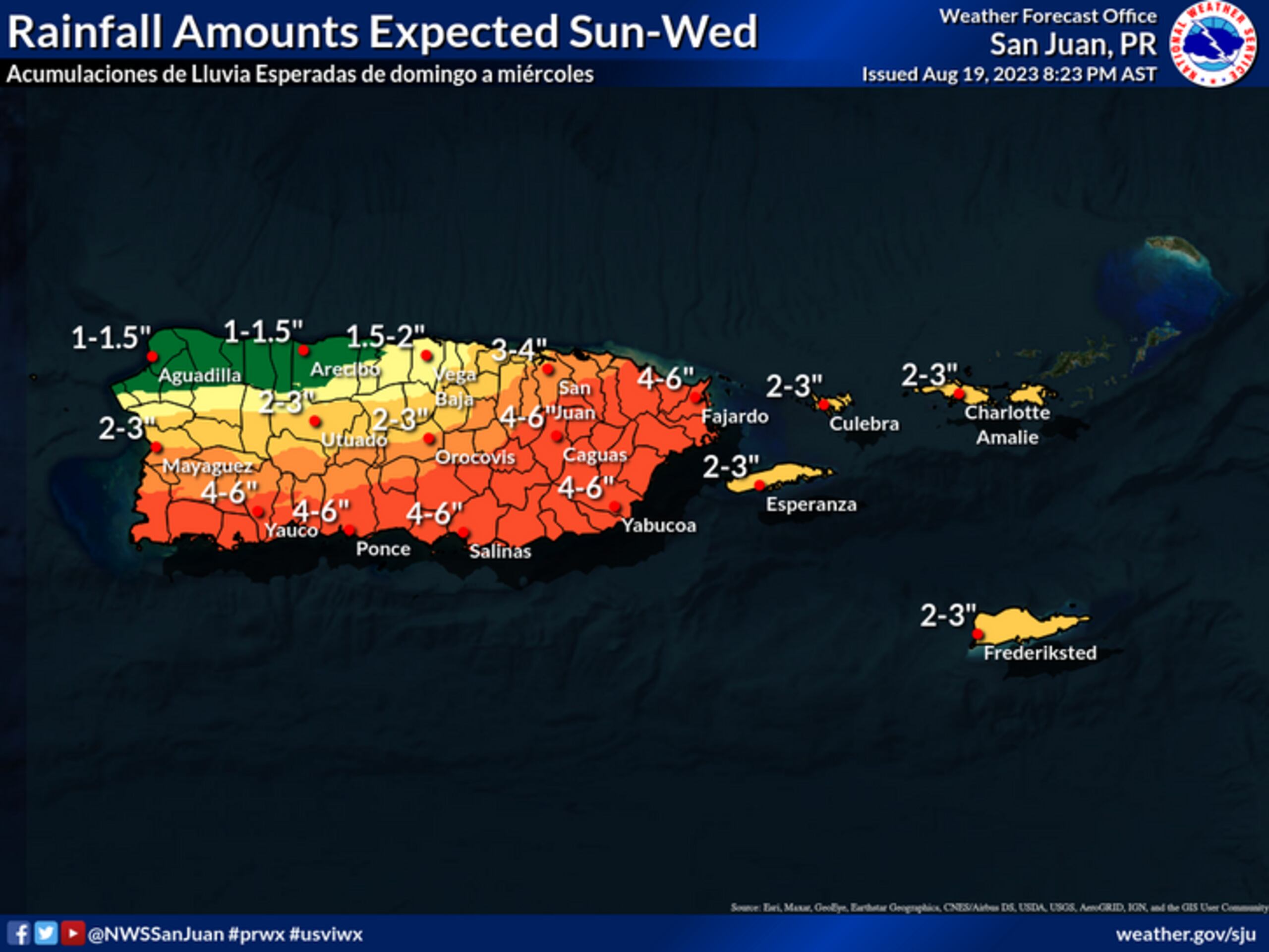 Totales de lluvia pronosticada según el Servicio Nacional de Meteorología en San Juan.