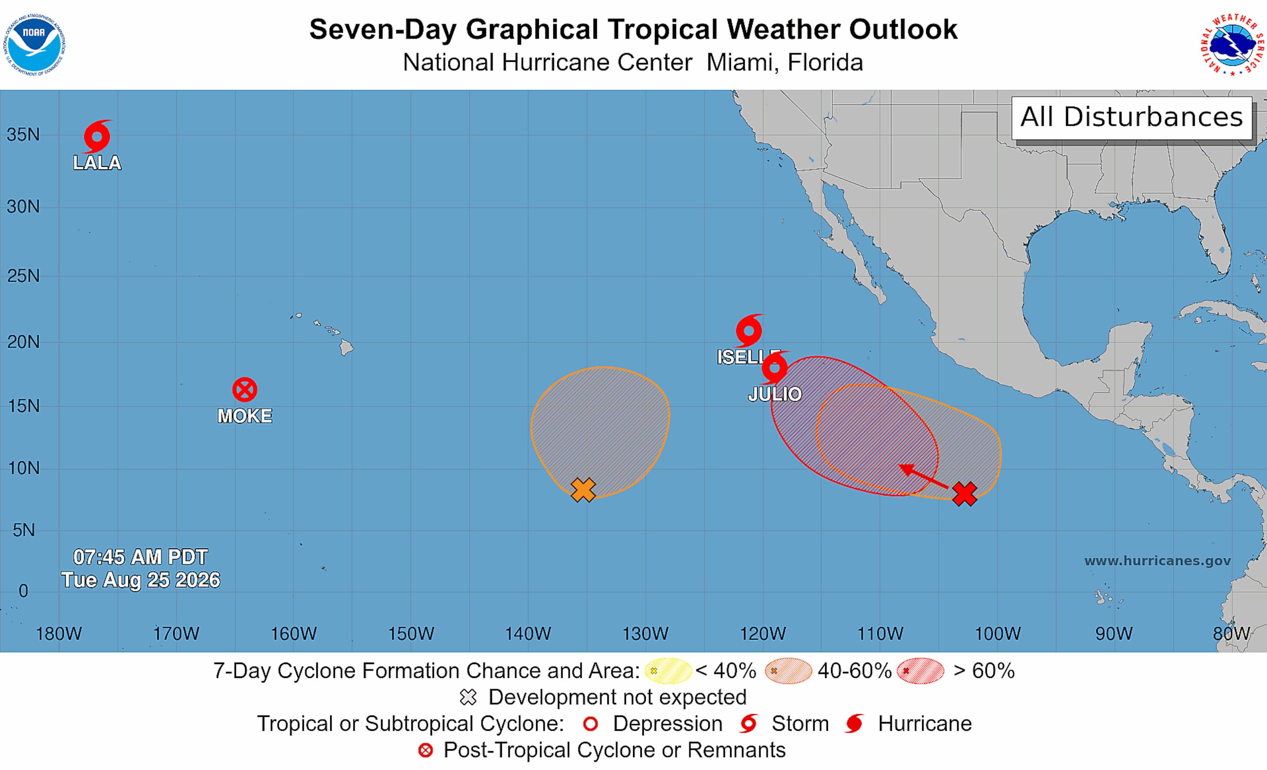Perspectiva gráfica del tiempo tropical de siete días en el Pacífico.