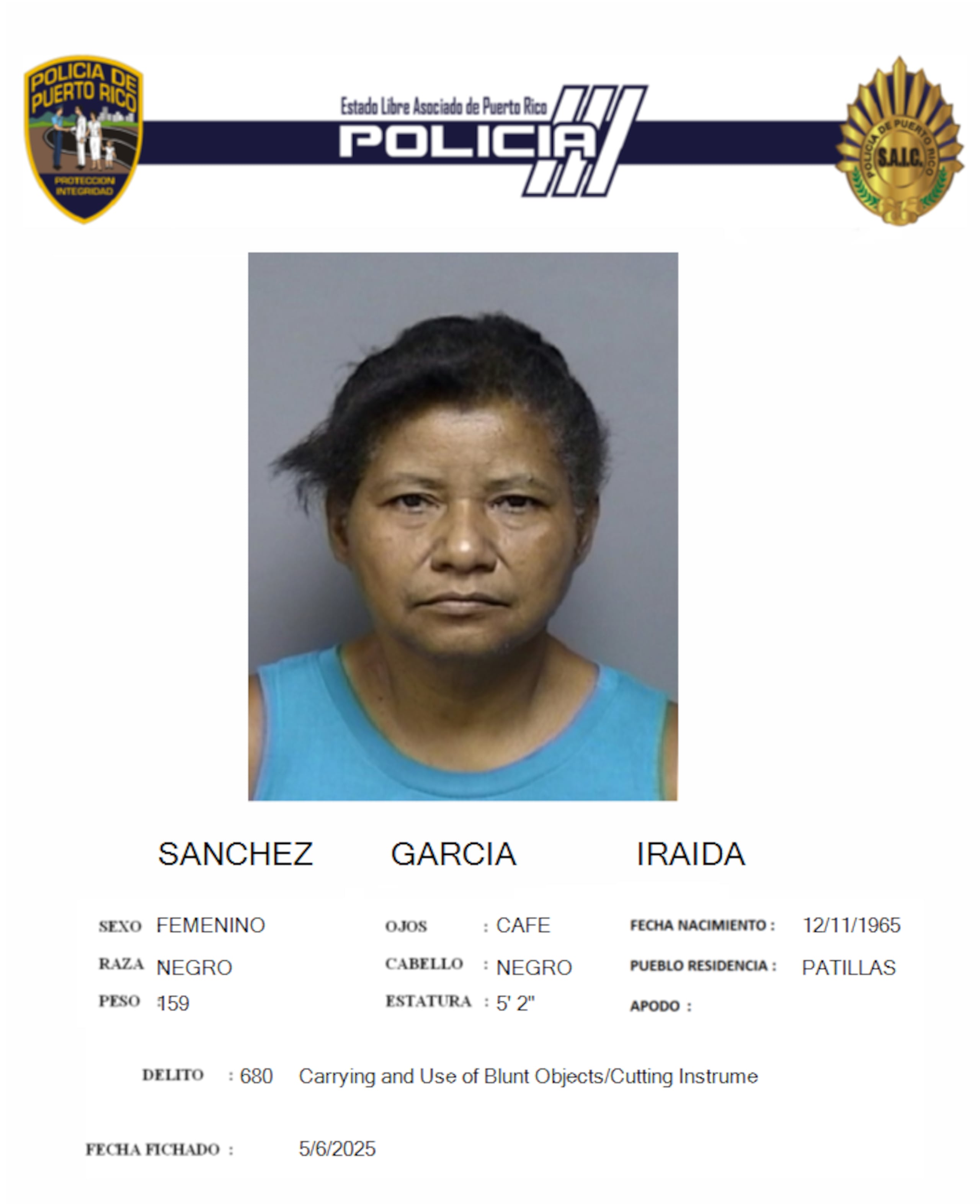 Iraida Sánchez García, enfrenta cargos por amenaza y violación a la Ley de Armas.