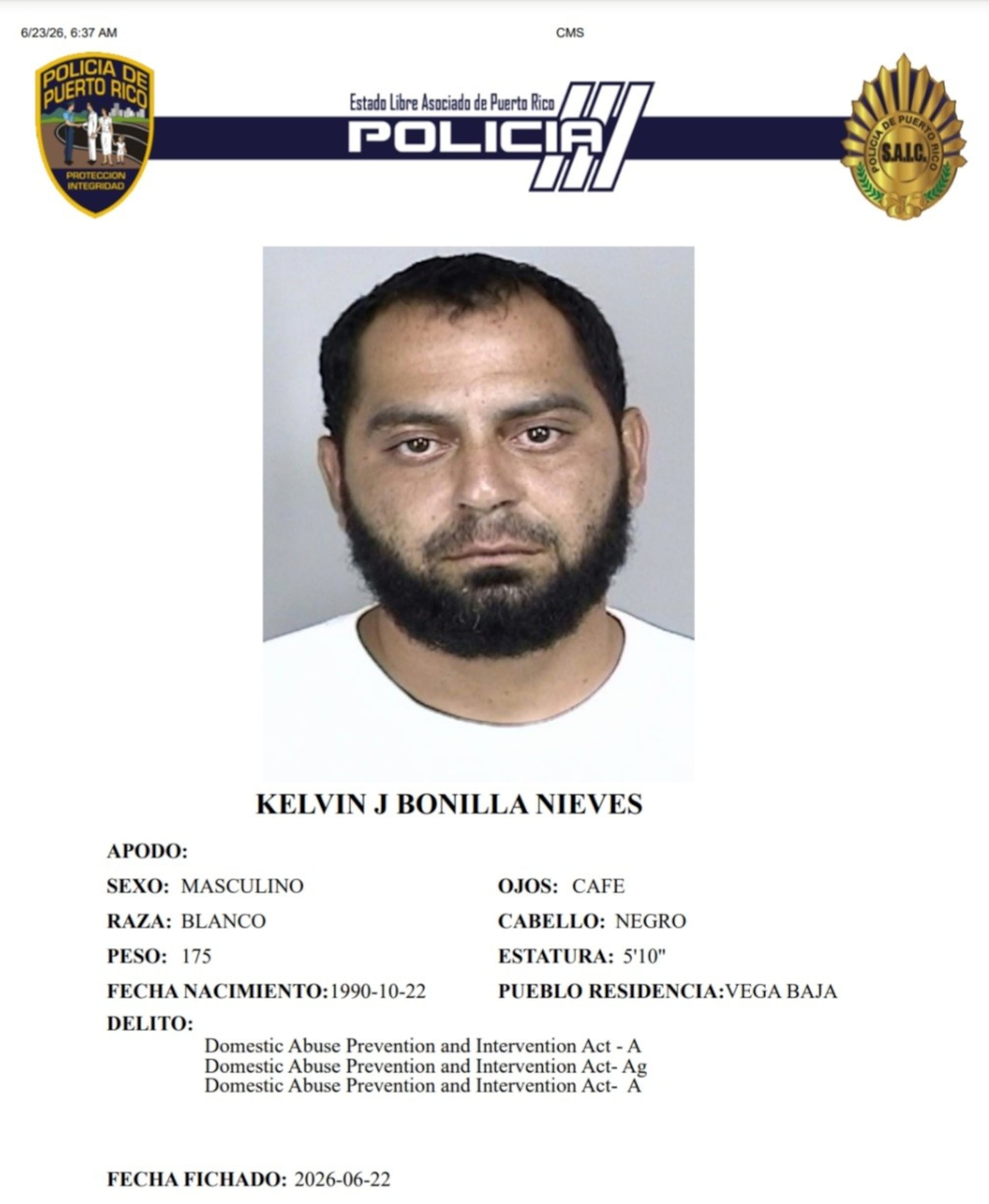 Kelvin J. Bonilla Nieves, enfrenta cargos por robo y violencia doméstica contra una expareja.