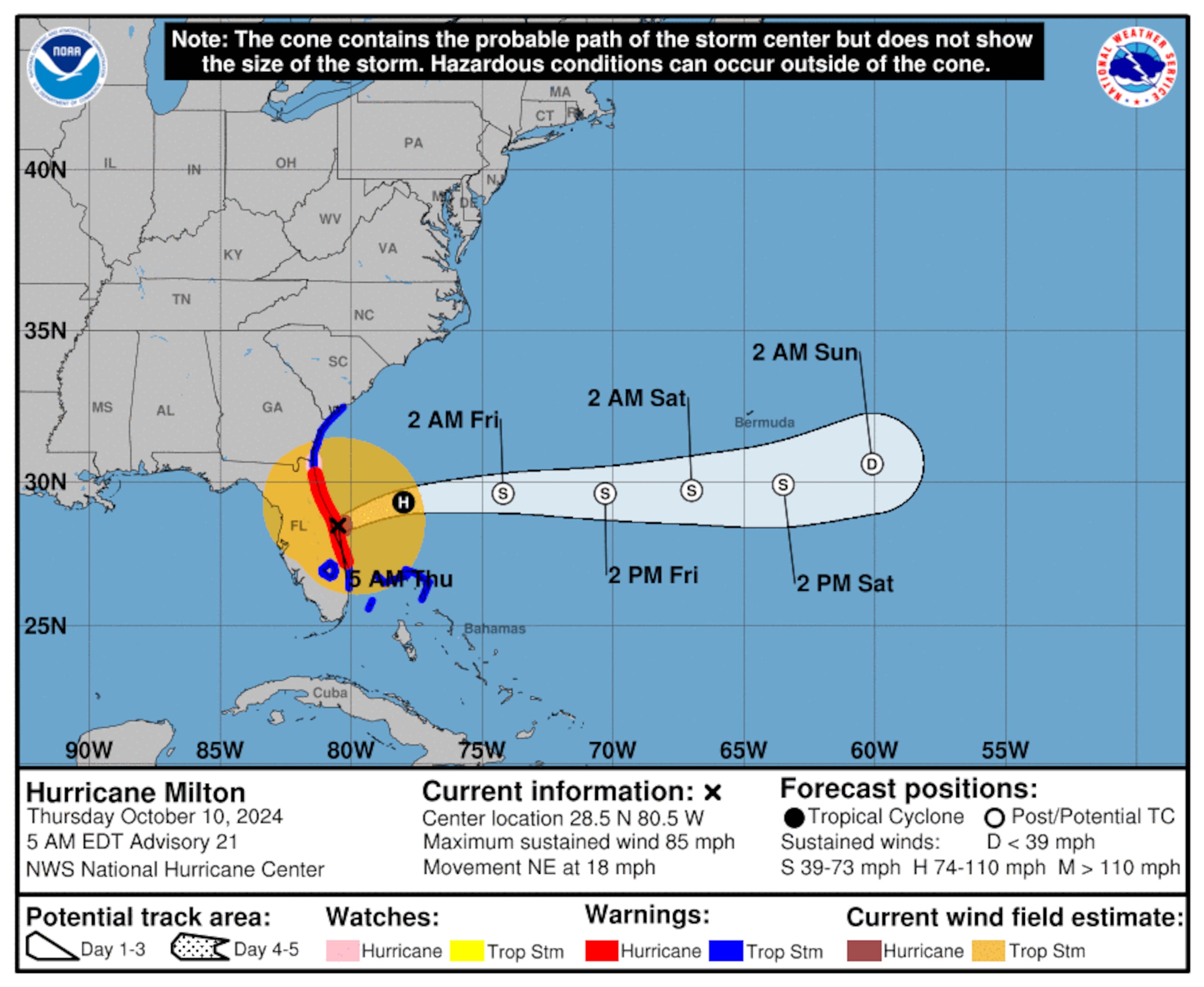 Pronóstico del huracán Milton emitido a las 5:00 de la mañana por el Centro Nacional de Huracanes, el 10 de octubre de 2024.