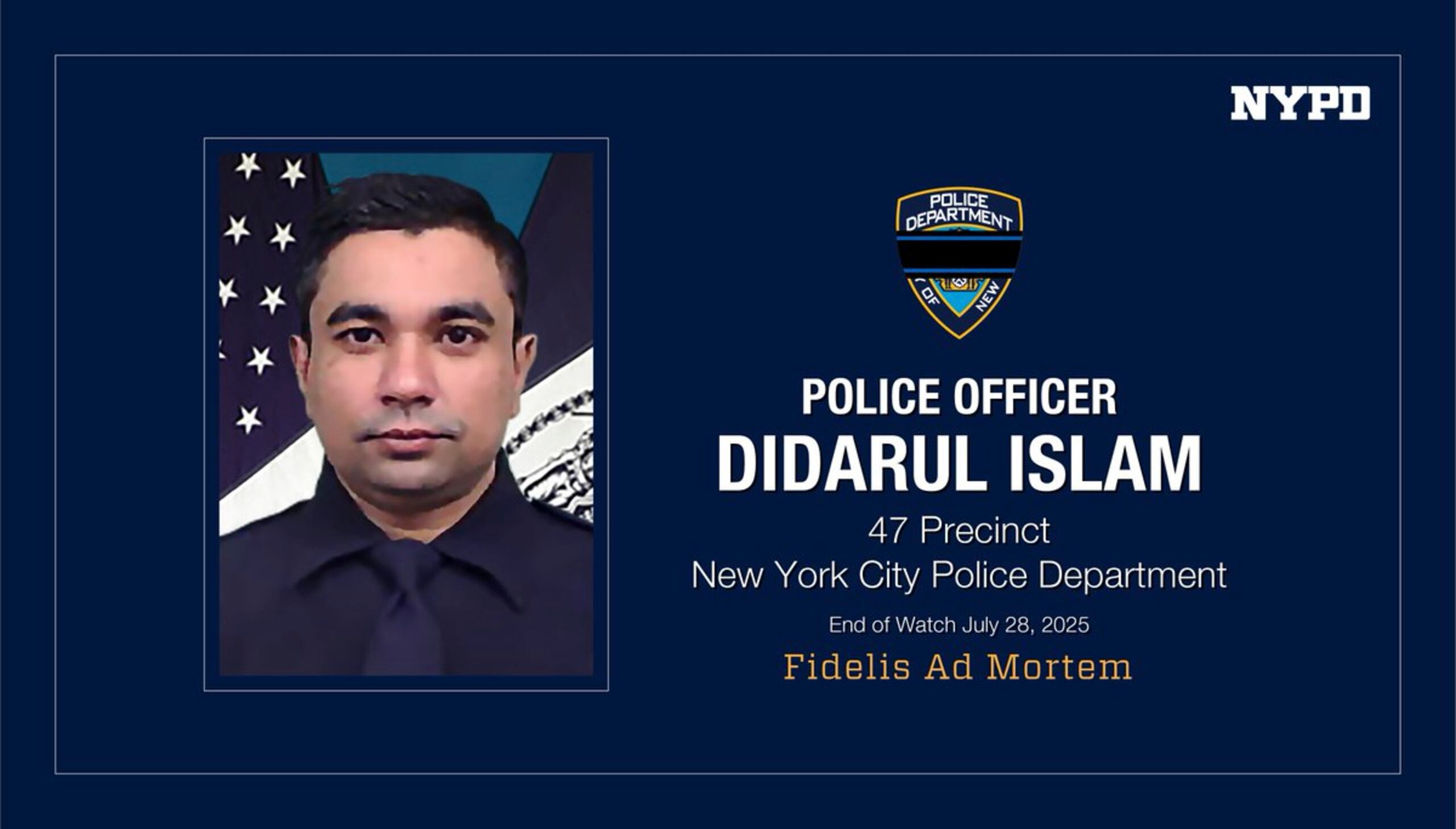 El policía Didarul Islam intentó intervenir durante el ataque cuando recibió un disparo por parte de Shane Devon Tamura, el hombre que abrió fuego contra civiles dentro del edificio 345 de Park Avenue en Manhattan.