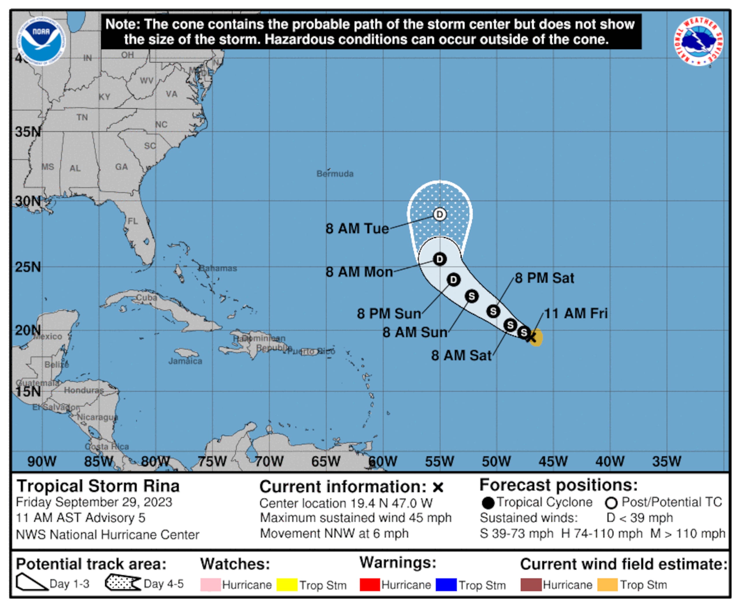 Pronóstico de la tormenta tropical Rina emitido a las 11:00 de la mañana del 29 de septiembre de 2023.
