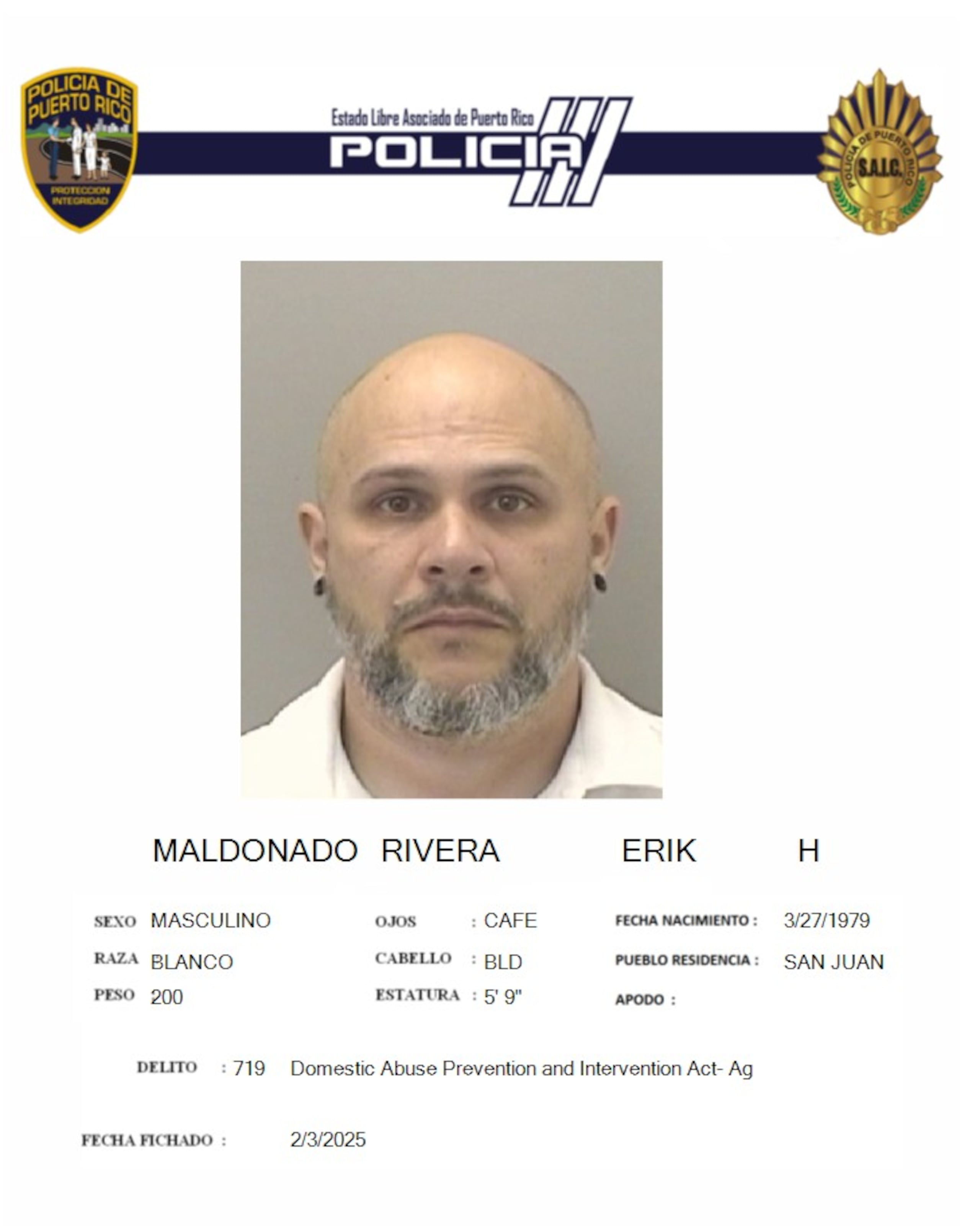 Erik Maldonado Rivera fue acusado por violencia doméstica en presencia de un menor de edad.