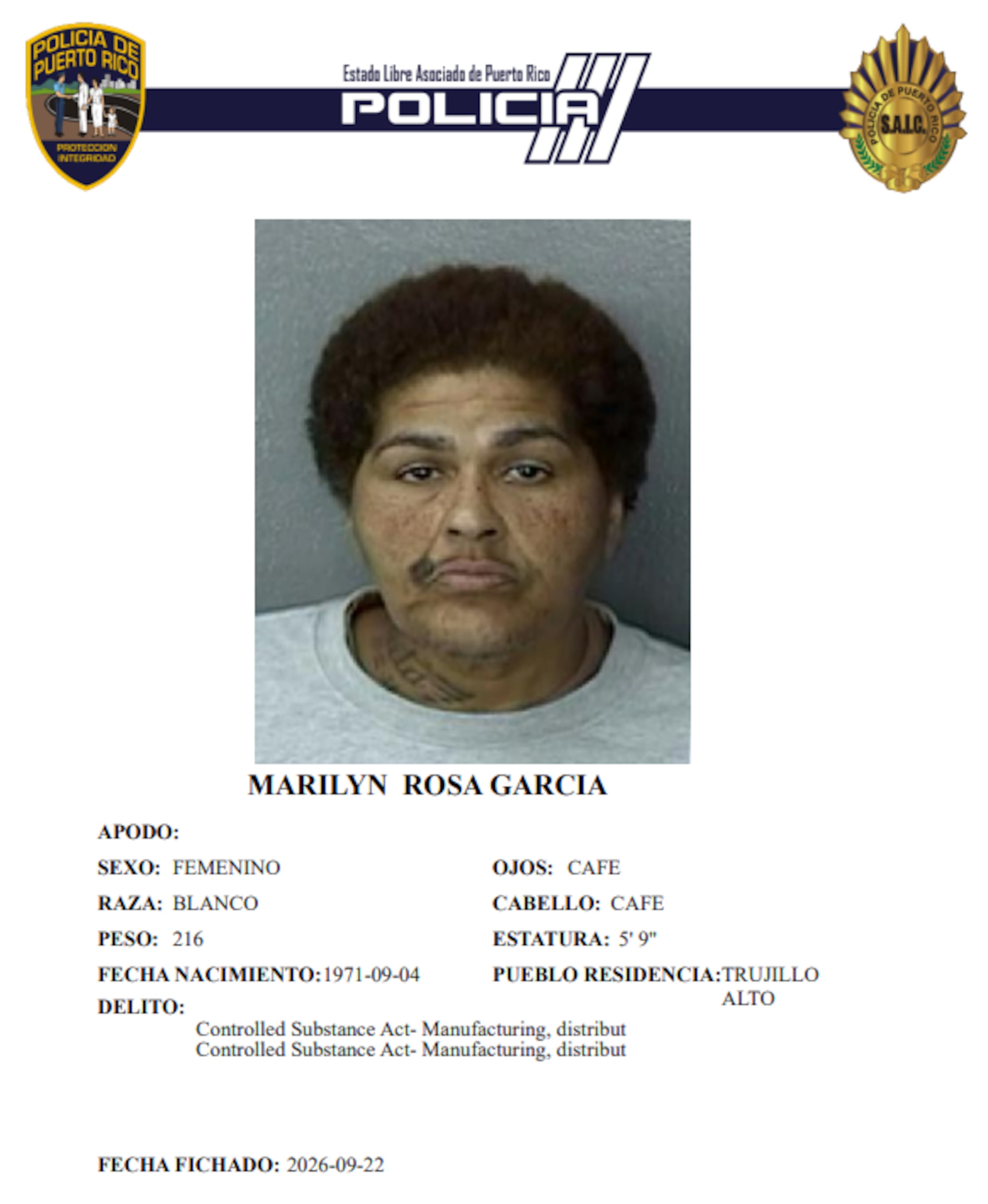 Ficha policial de la imputada, Marilyn Rosa García, de 55 años.