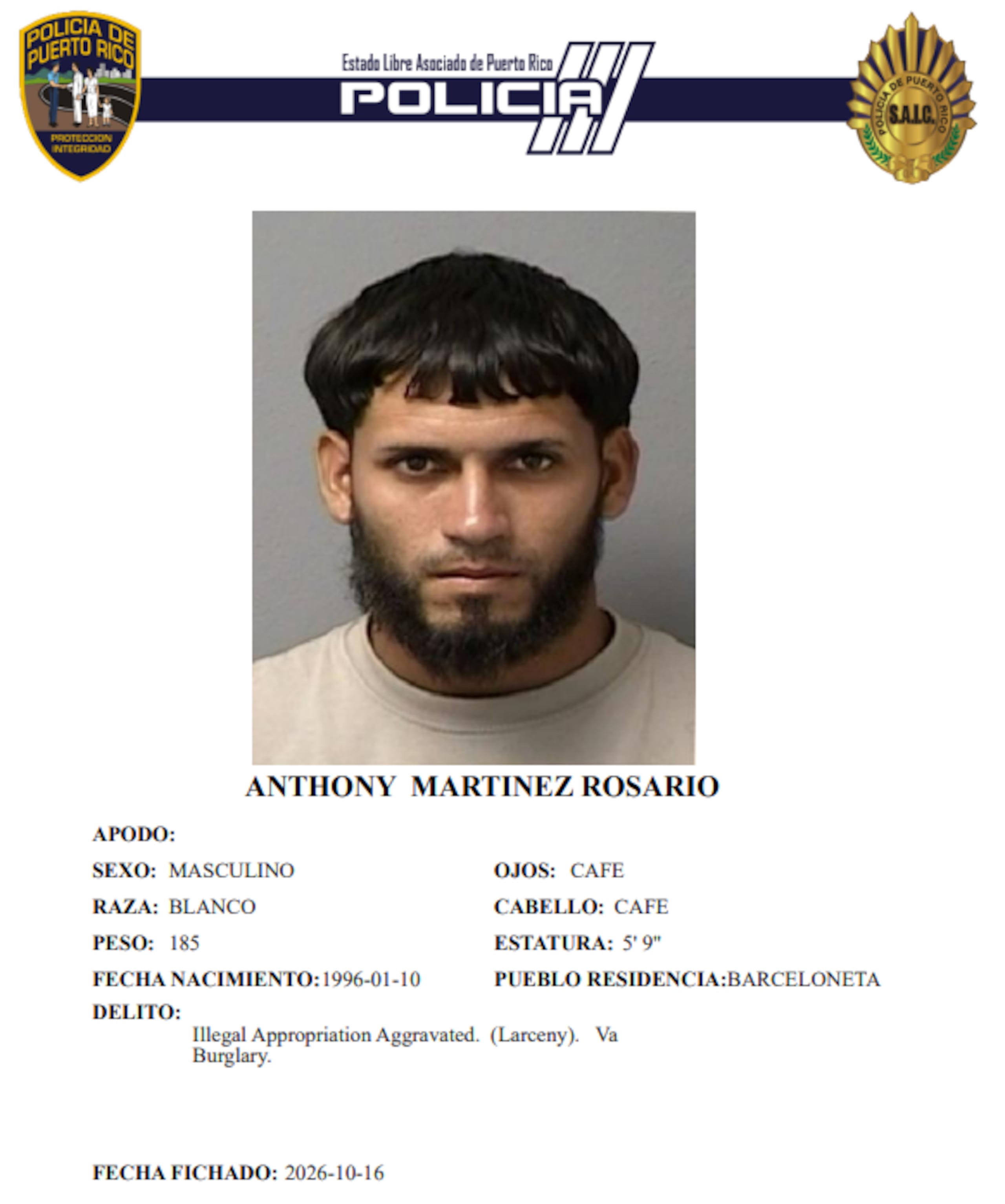 Ficha policíaca de Anthony Martínez Rosario, de 30 años.