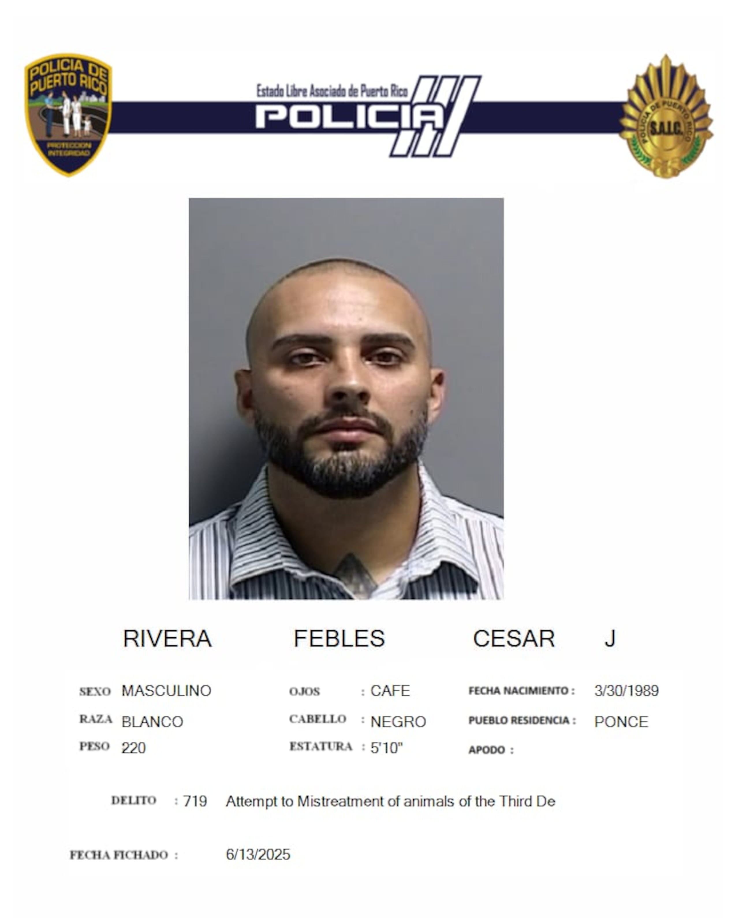 El oficial correccional César Rivera Febles, de 39 años, fue acusado por un caso de maltrato de animales.