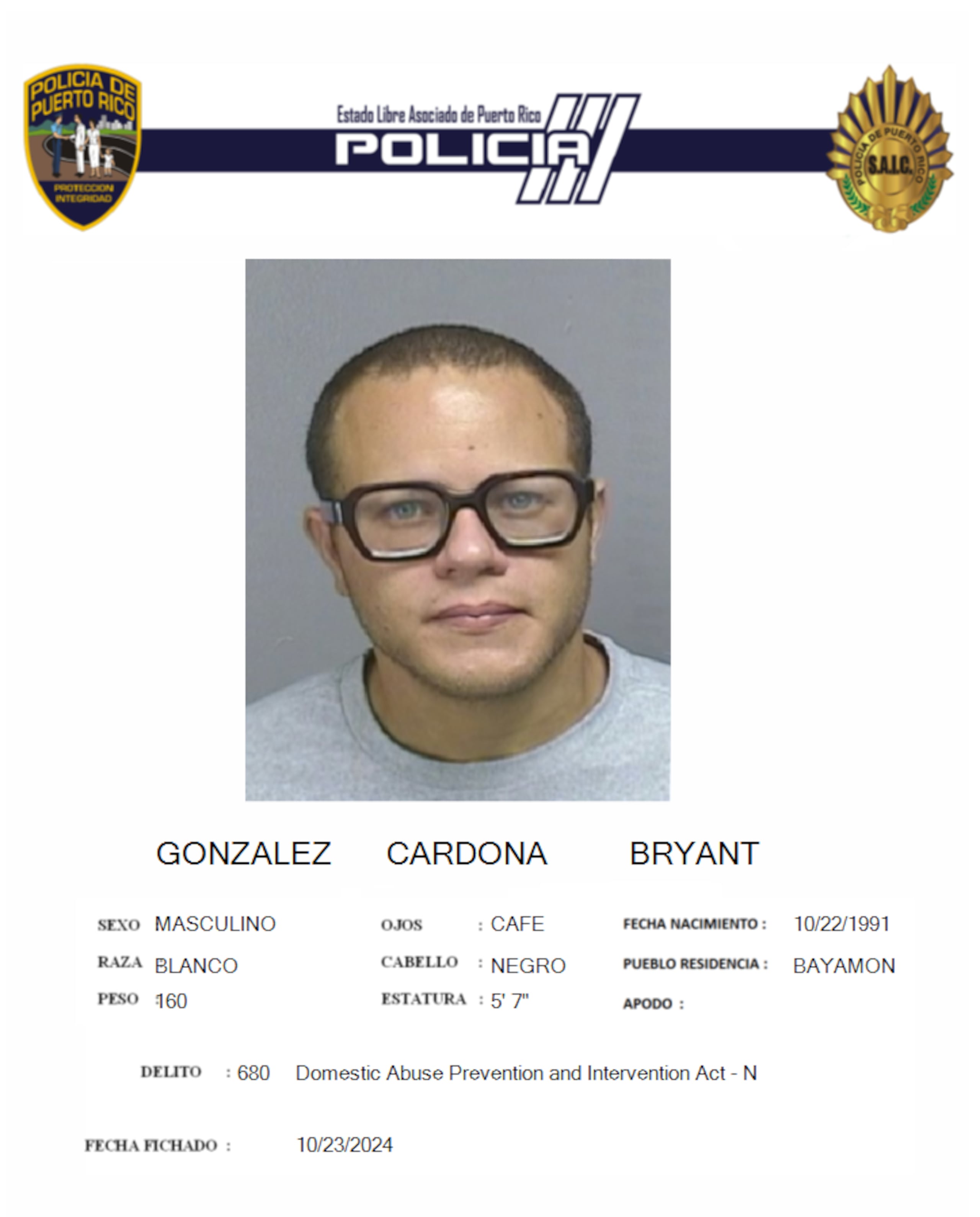Bryant González Cardona, enfrenta cargos por violar una orden de protección.