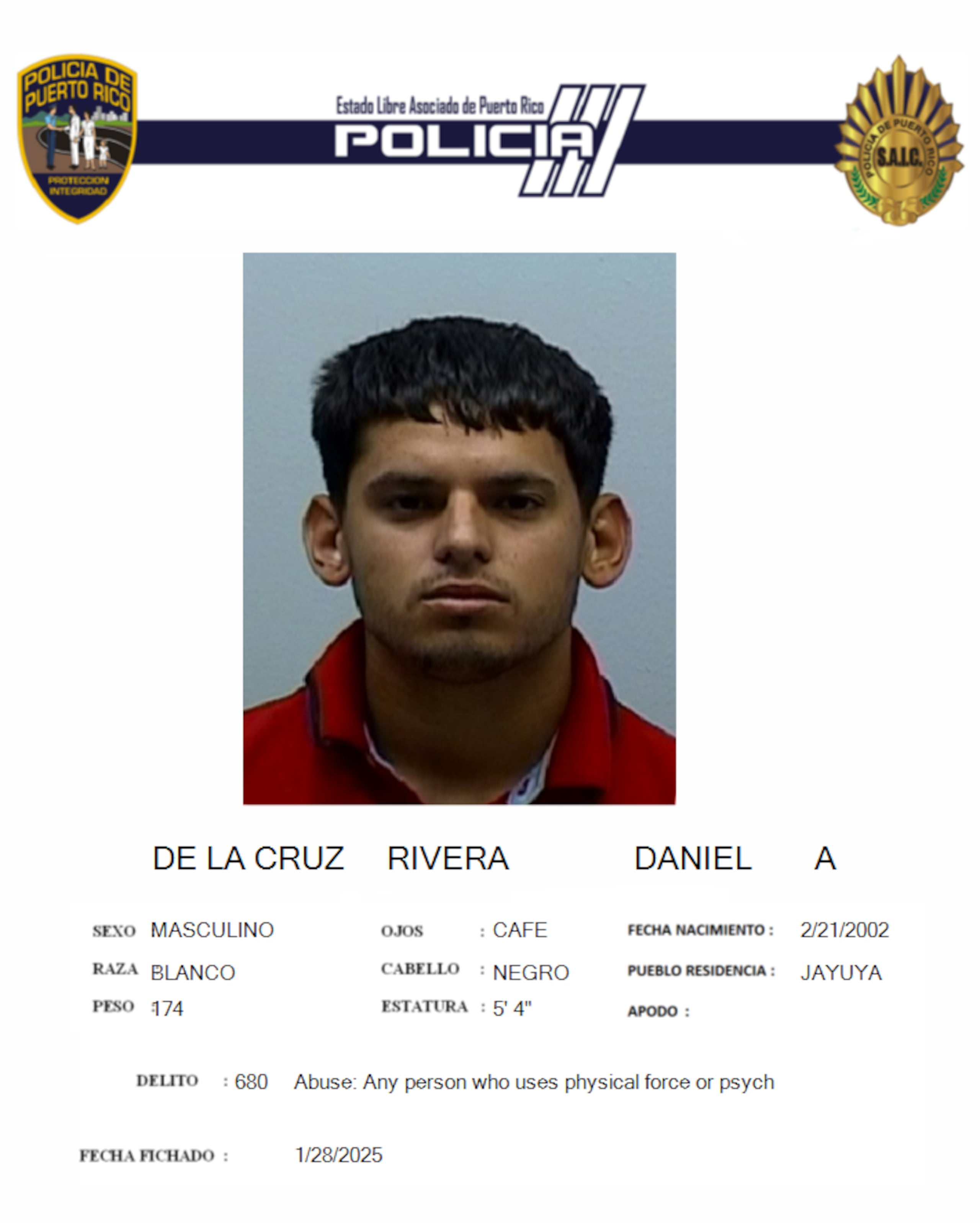 Daniel A. De La Cruz Rivera, fue acusado por violencia doméstica contra su pareja embarazada.