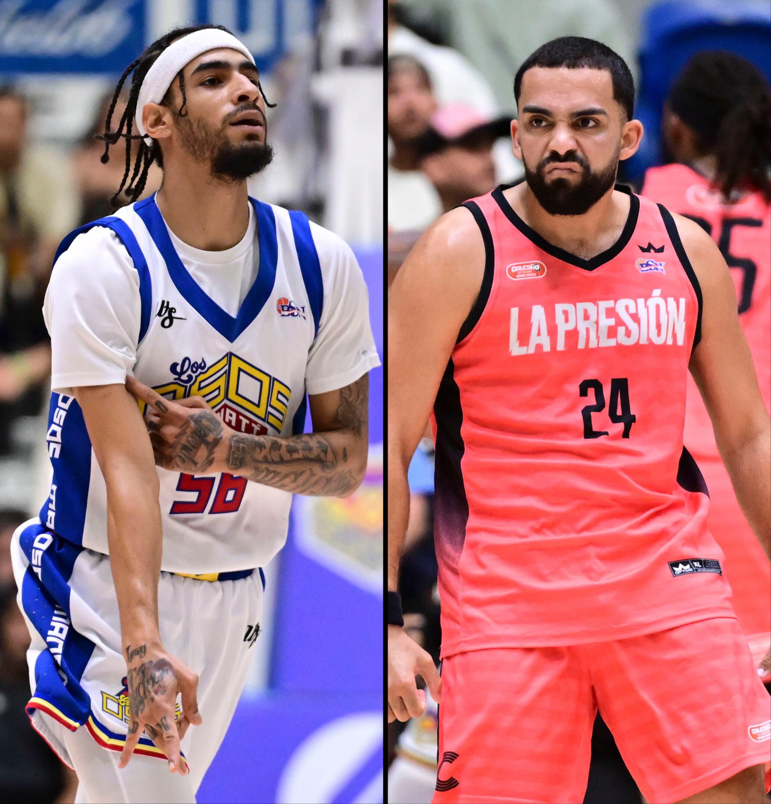 Jhivvan Jackson, de los Osos de Manatí, y Christian "Cuco" López, de los Criollos de Caguas, durante el sexto juego de la serie final 2024 del BSN.