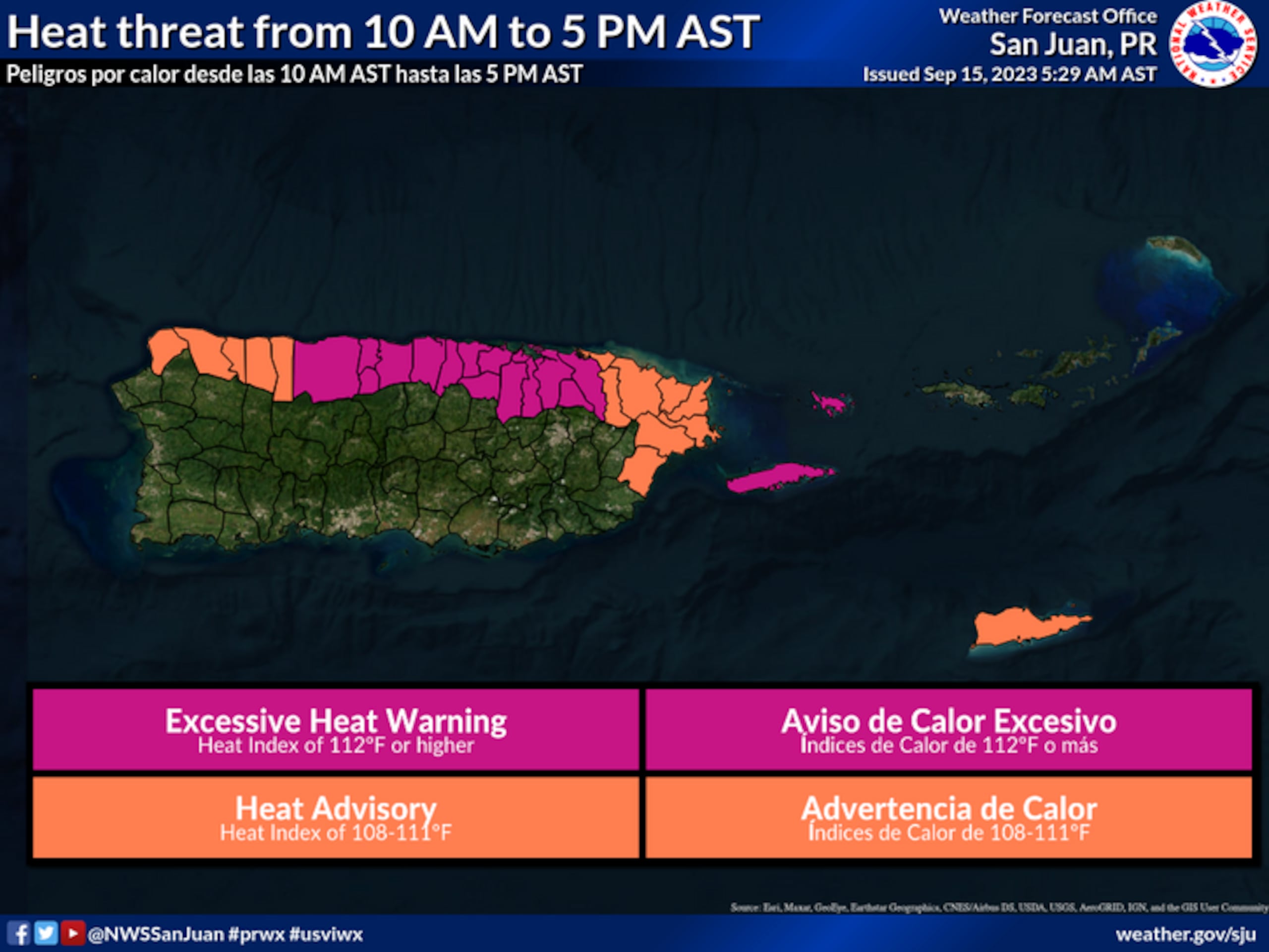Boletines de calor emitidos para Puerto Rico el 15 de septiembre de 2023.