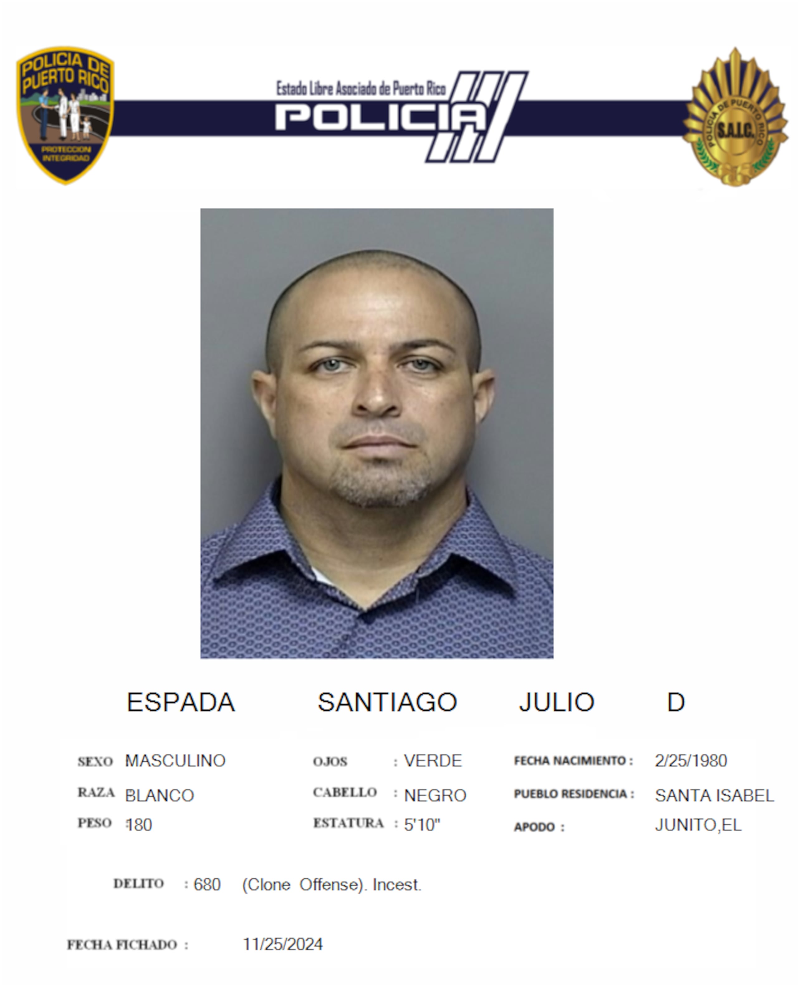 Julio D. Espada Santiago, enfrenta cargos por incesto, actos lascivos, corrupción de menores y maltrato de menores.