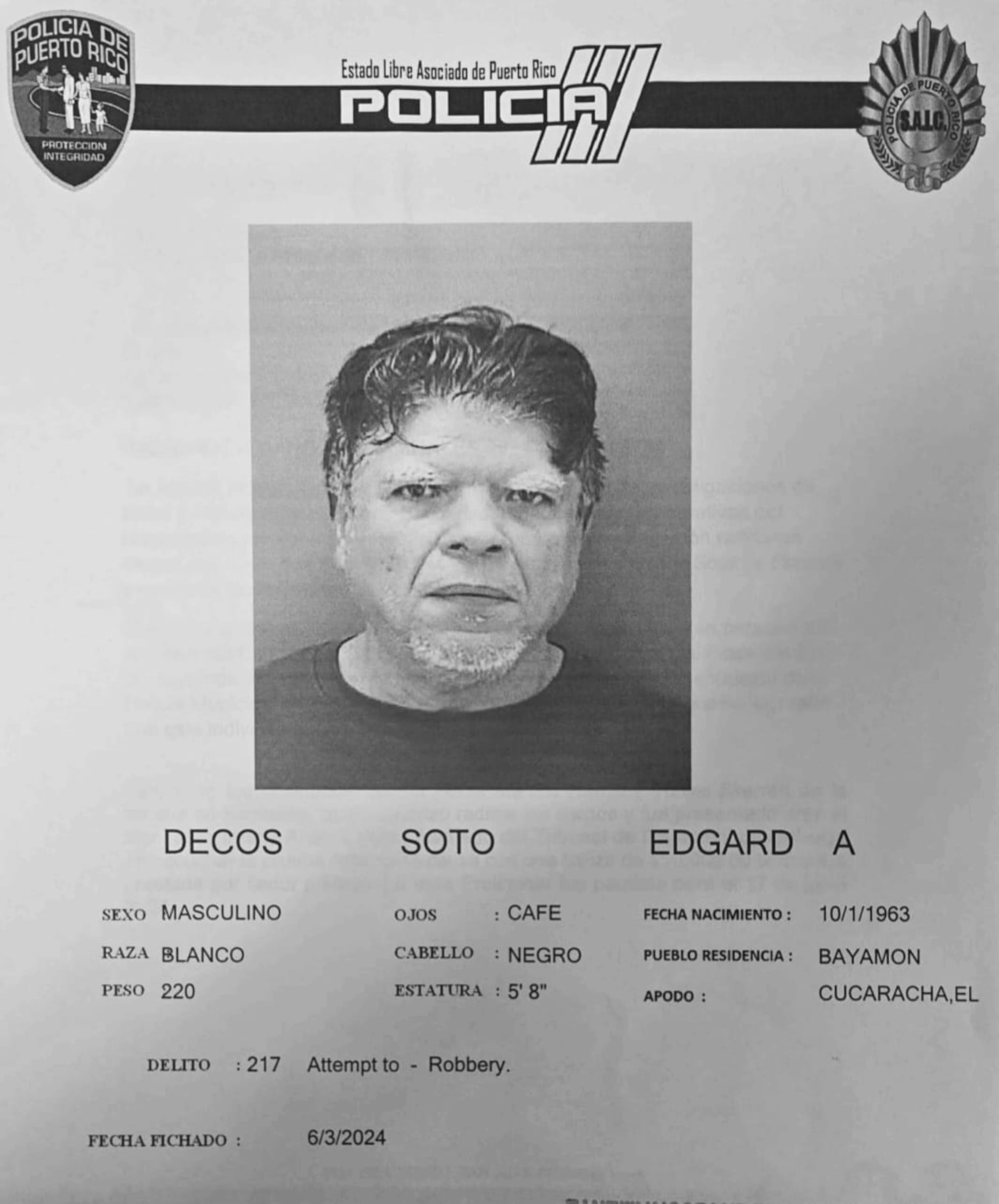 Edgard A. Decos Soto enfrenta un cargo por robo a un banco.