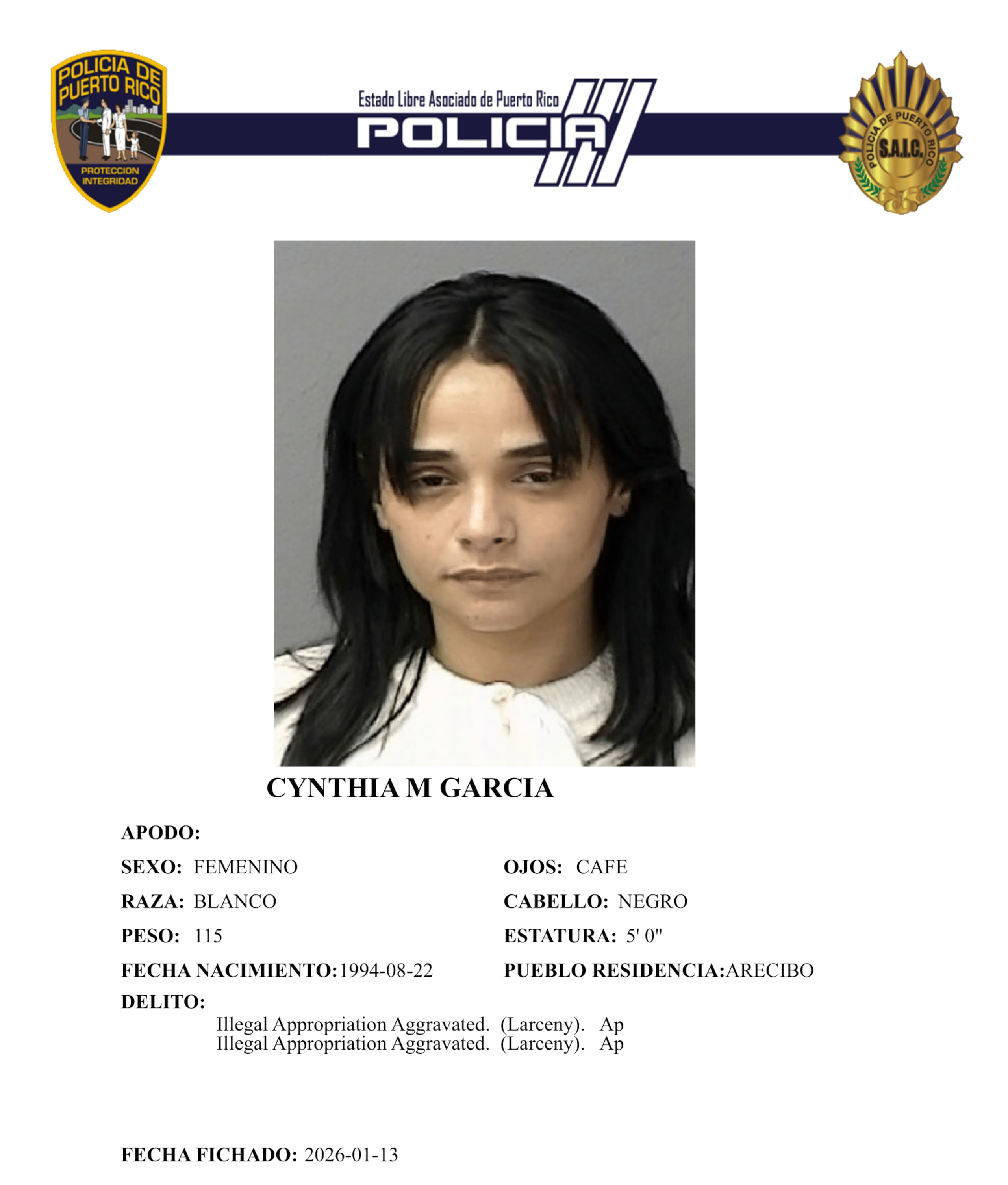 Ficha policíaca de la imputada, Cynthia Marie García, de 31 años y residente de Arecibo.
