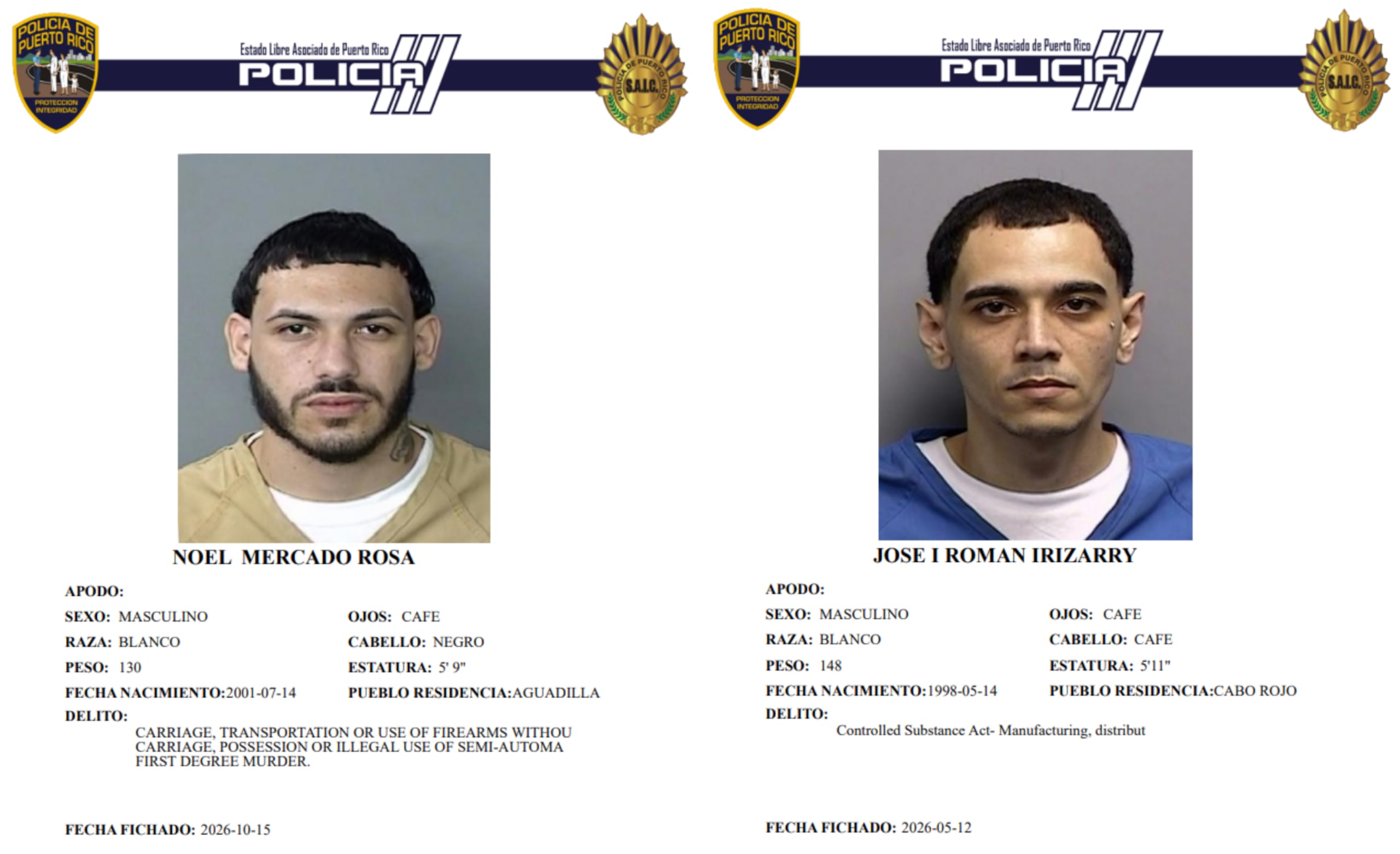 Fichas policíacas de Noel Mercado Rosa y José I. Román Irizarry.