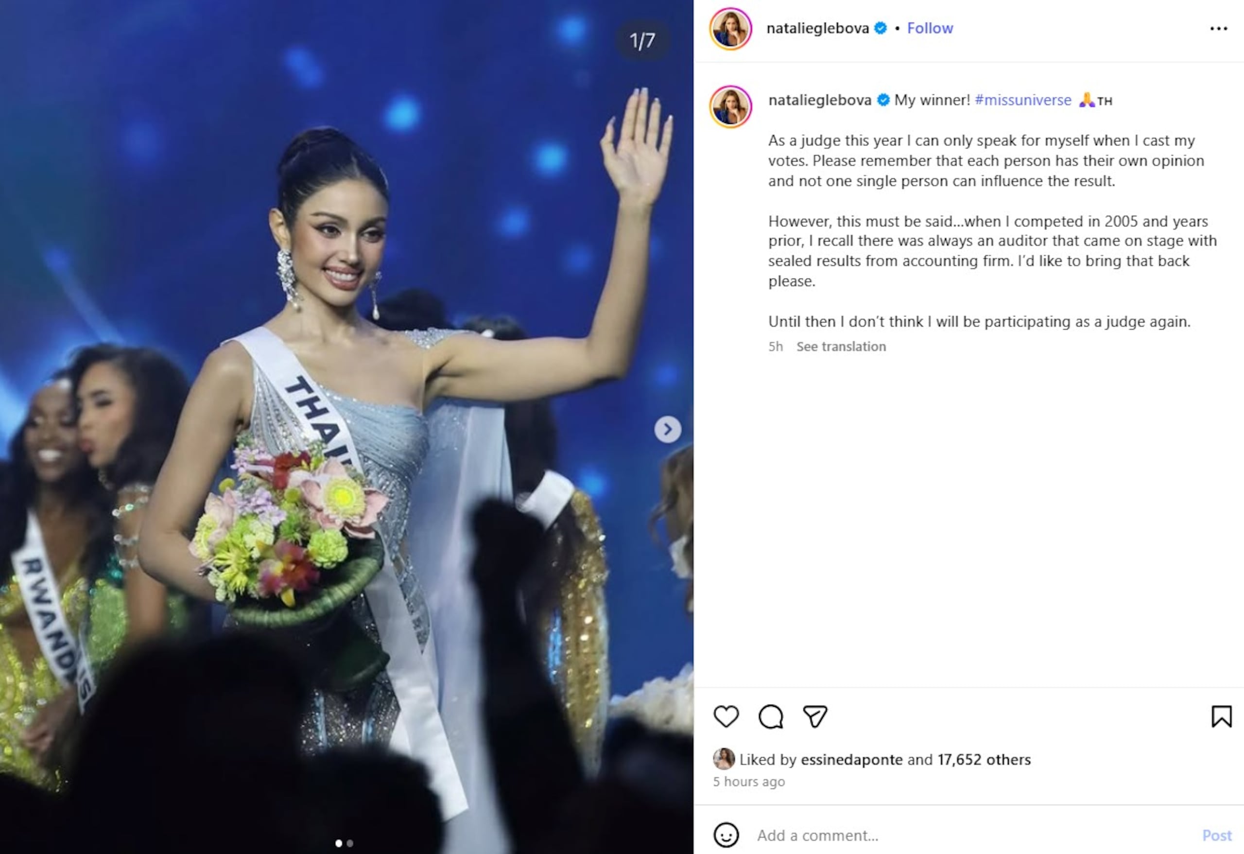 Expresiones de Natalie Glebova, Miss Universe 2005 y miembro del jurado de Miss Universe 2025, tras la coronación de la mexicana Fátima Bosch.