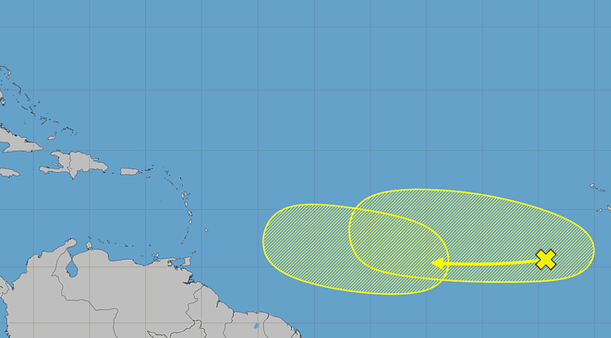 Imagen que muestra la posible área de formación ciclónica de las dos ondas tropicales que son vigiladas por el Centro Nacional de Huracanes.