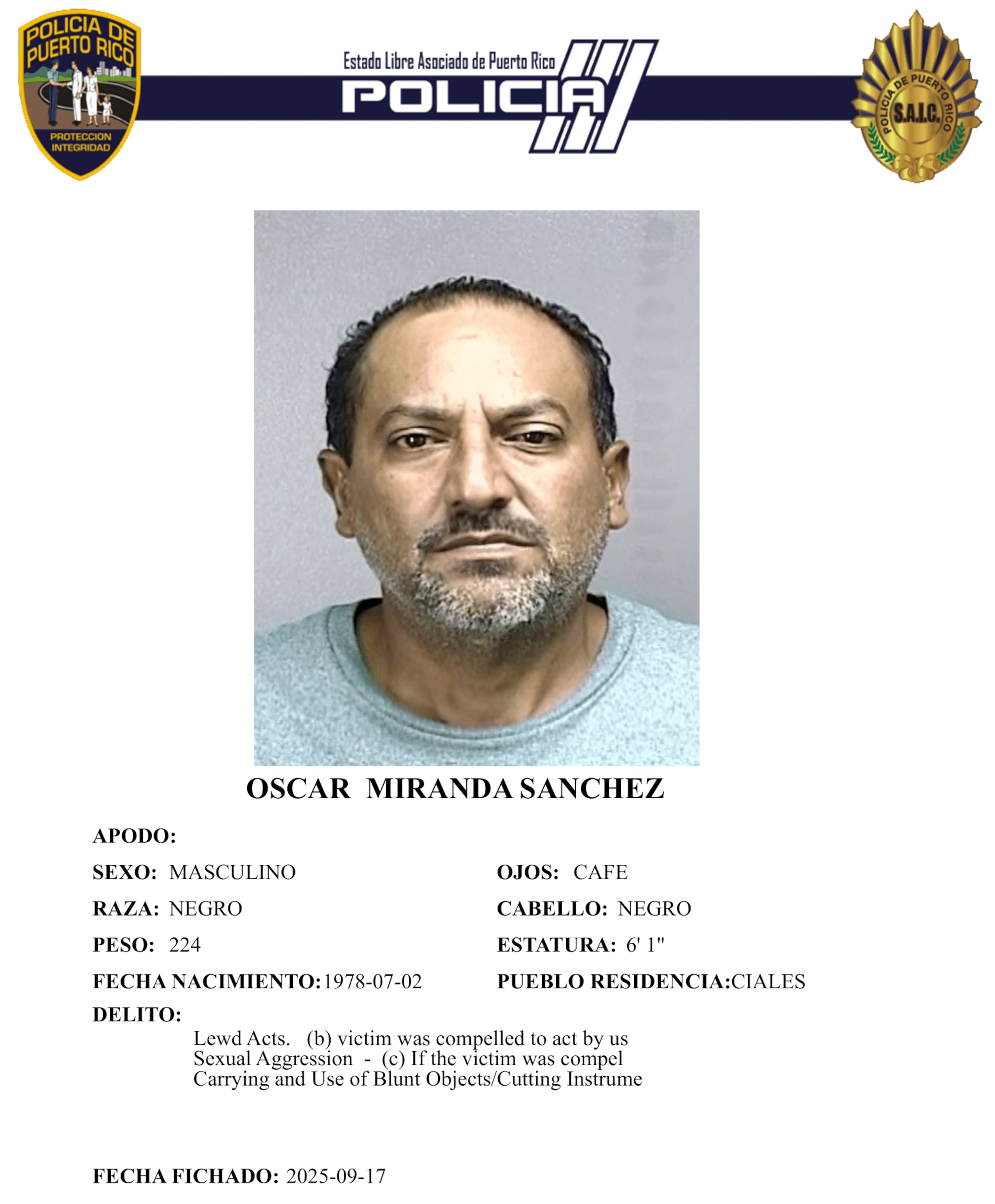 Ficha policíaca del imputado, Oscar Miranda Sánchez, de 47 años.