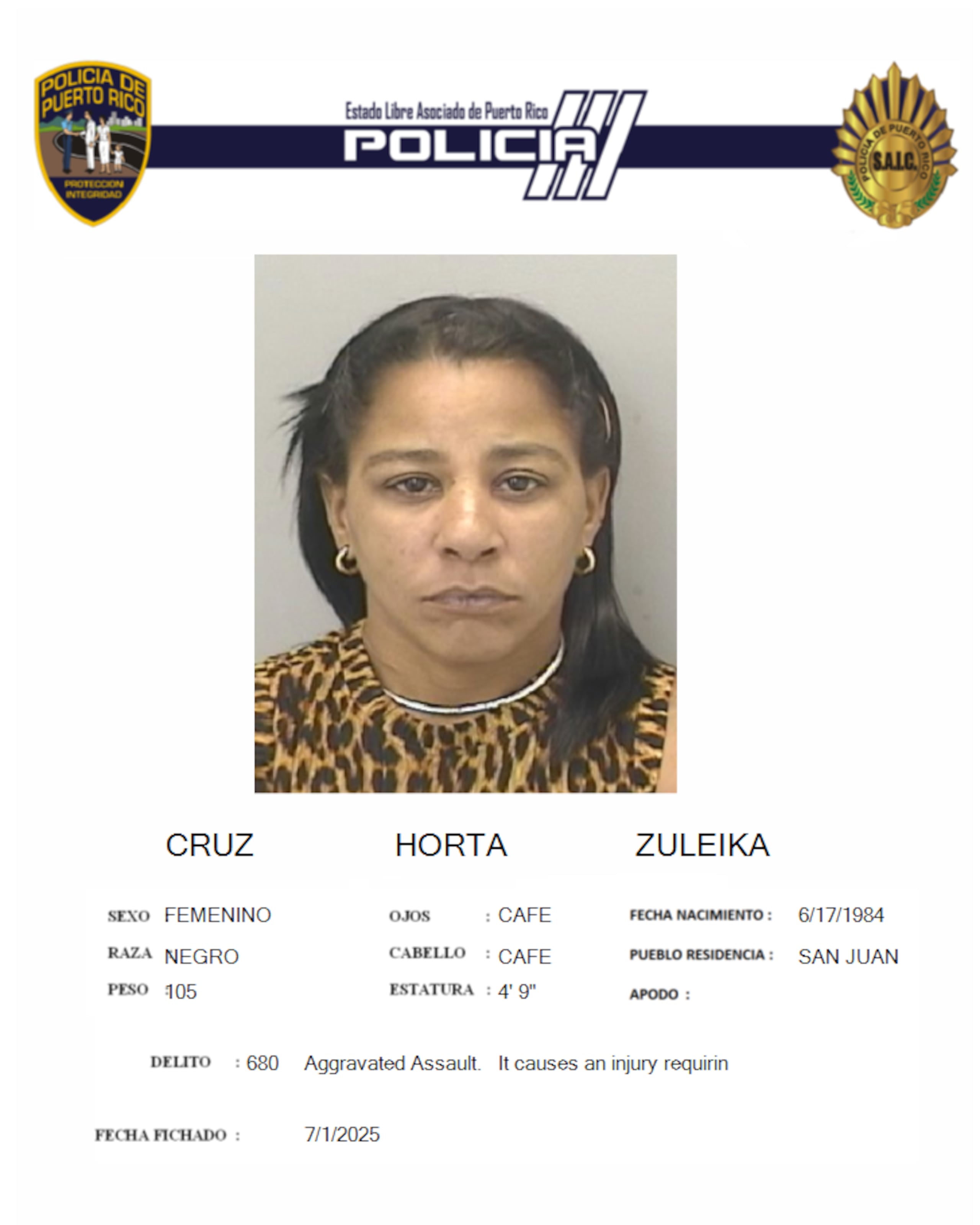 Zuleika Cruz Horta, enfrenta un cargo por agresión grave.