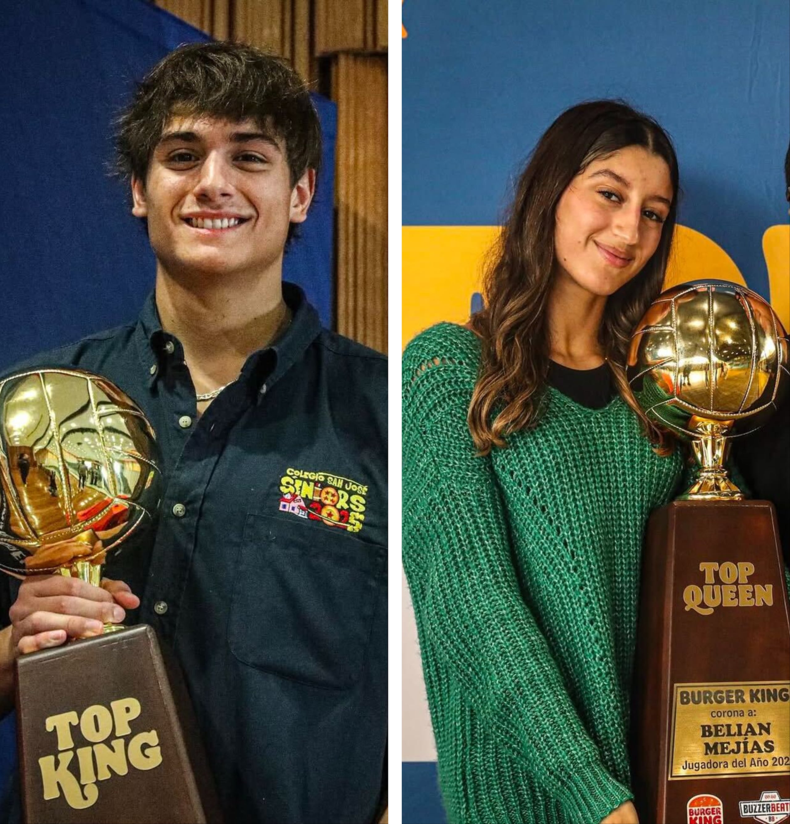 Jean Paul González y Belían Mejías sostienen los premios Top King y Top Queen de Buzzer Beater.