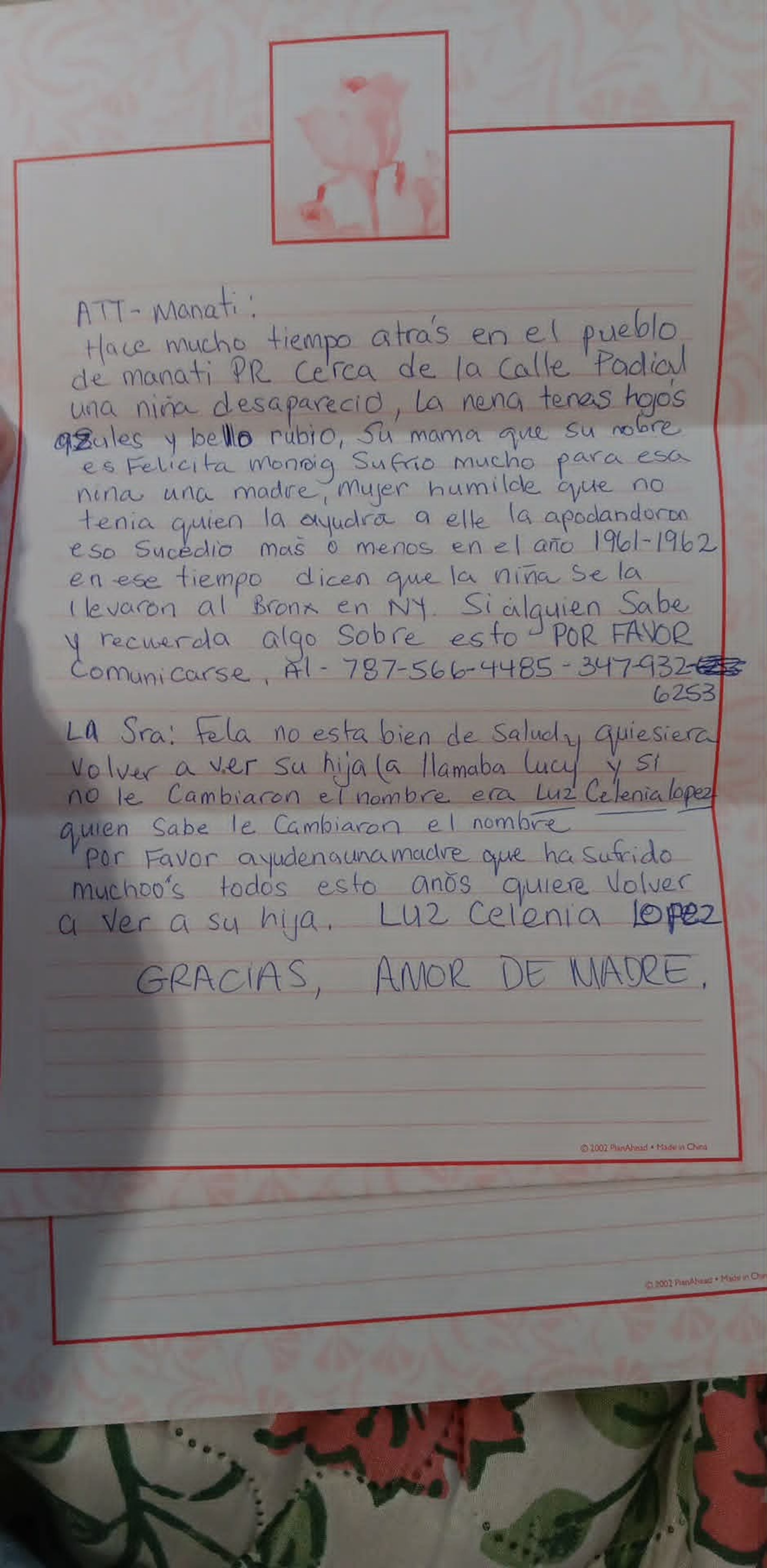 Tras enterarse de la existencia de una hermana que fue secuestrada antes de ella nacer, hace algunos años Minverva escribió esta carta, en un intento para lograr dar con el paradero de Luz Selenia.