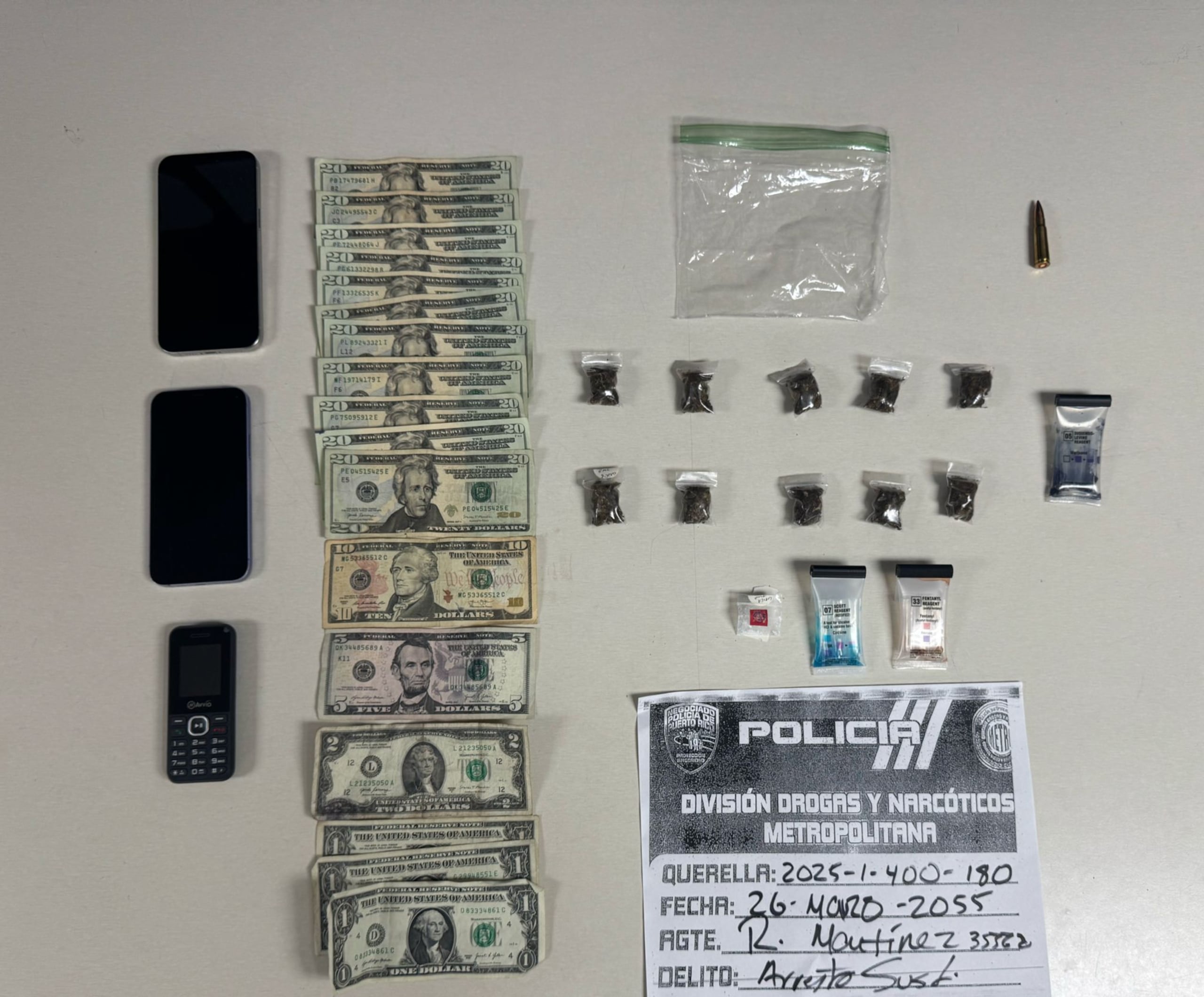 En San Juan fueron arrestados Jaime Vázquez Román, de 28 años, alias “Tío”, y Alejandra Díaz, de 18 años, a quienes se les presuntamente les ocuparon cocaína, marihuana, una munición y $240 en efectivo.