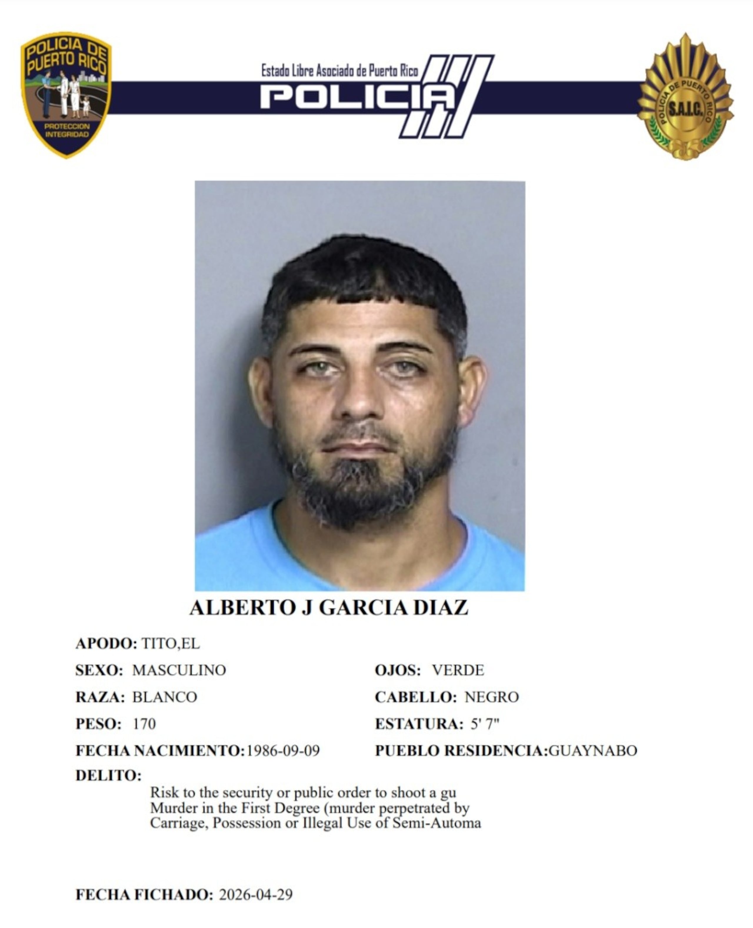 Alberto J. García Díaz, fue acusado por el asesinato de la pareja de la madre de sus hijos, en Guaynabo.