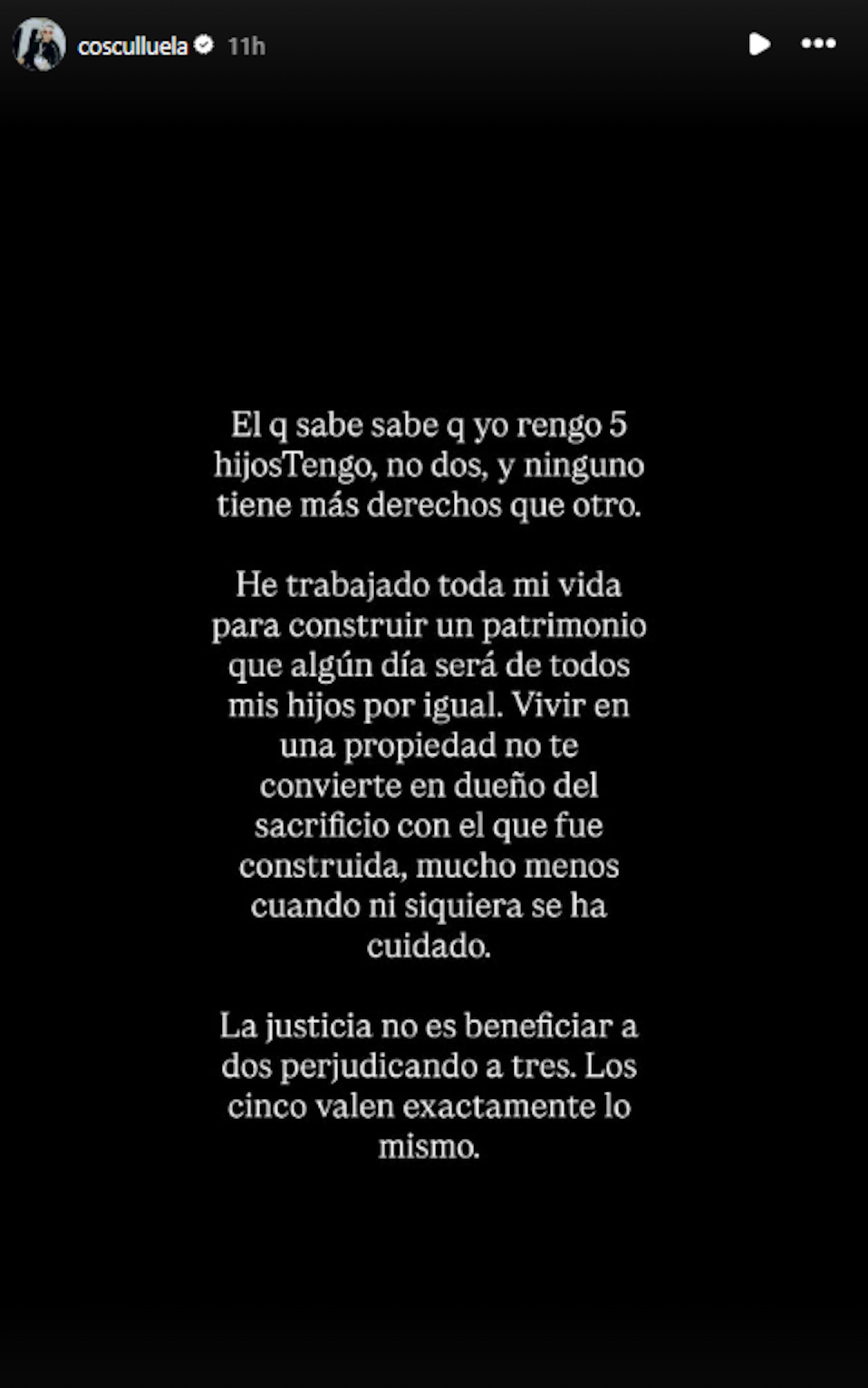 Mensaje que Cosculluela publicó en Instagram.