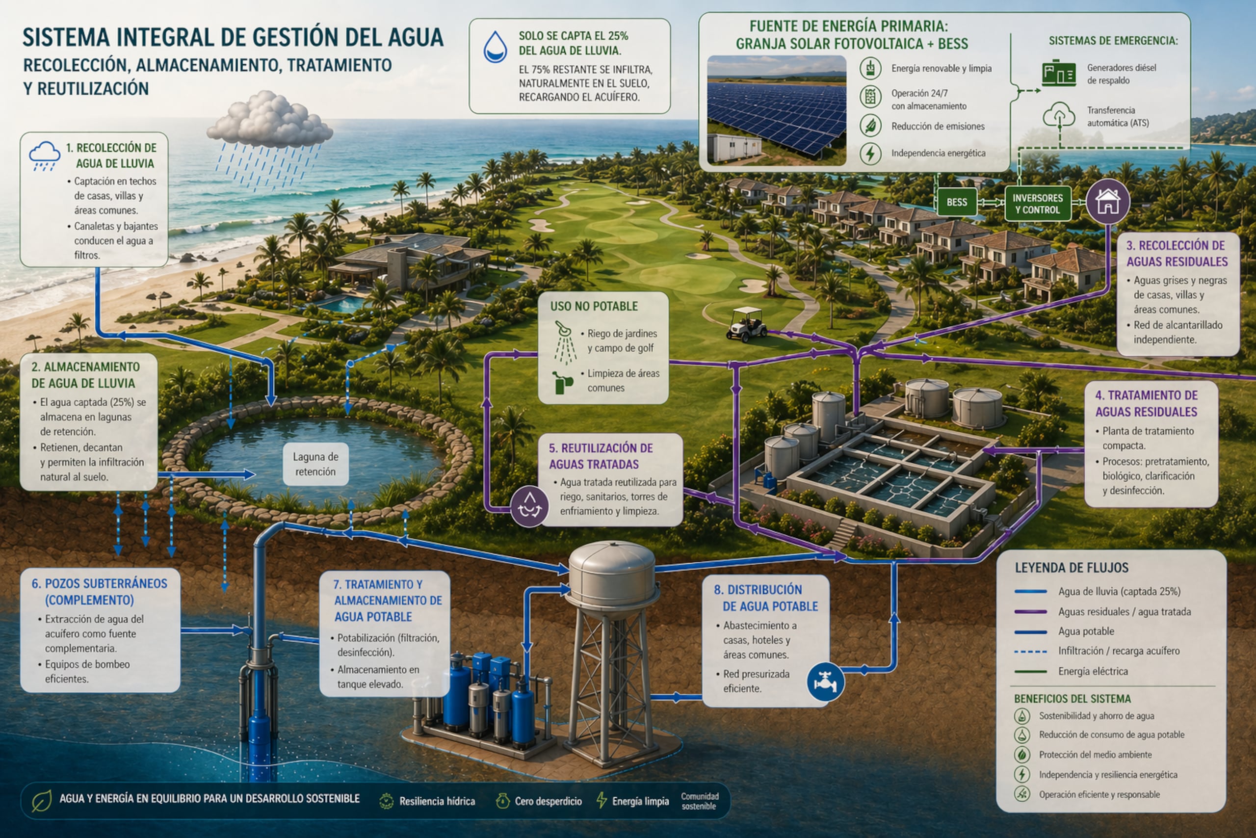 Para satisfacer la demanda de agua, el proyecto contempla desarrollando una infraestructura que incluye redes modernas, sistemas de almacenamiento y equipos de bombeo diseñados para operar de manera eficiente.