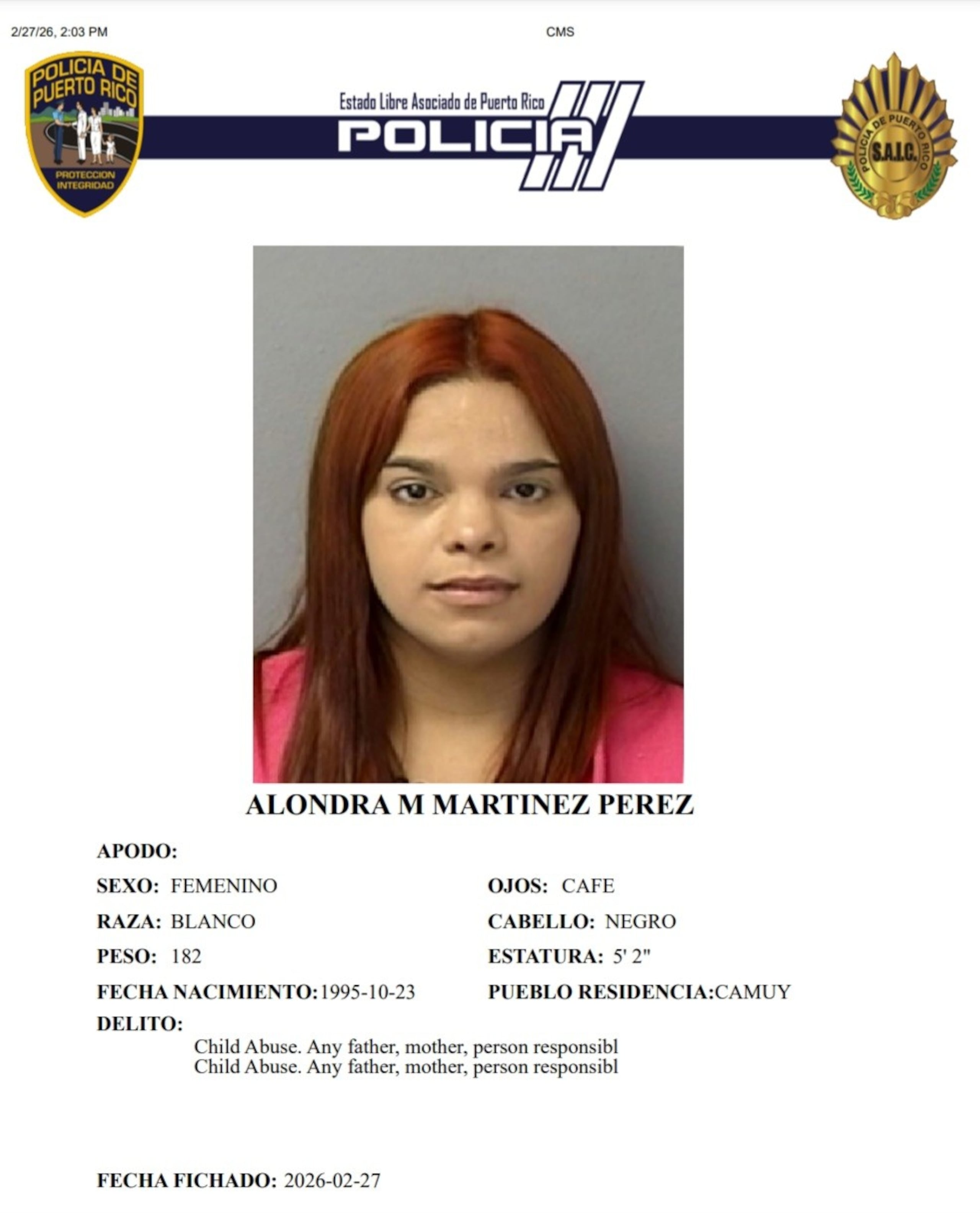 Alondra M. Martínez Pérez, enfrenta cargos por maltrato de menores.