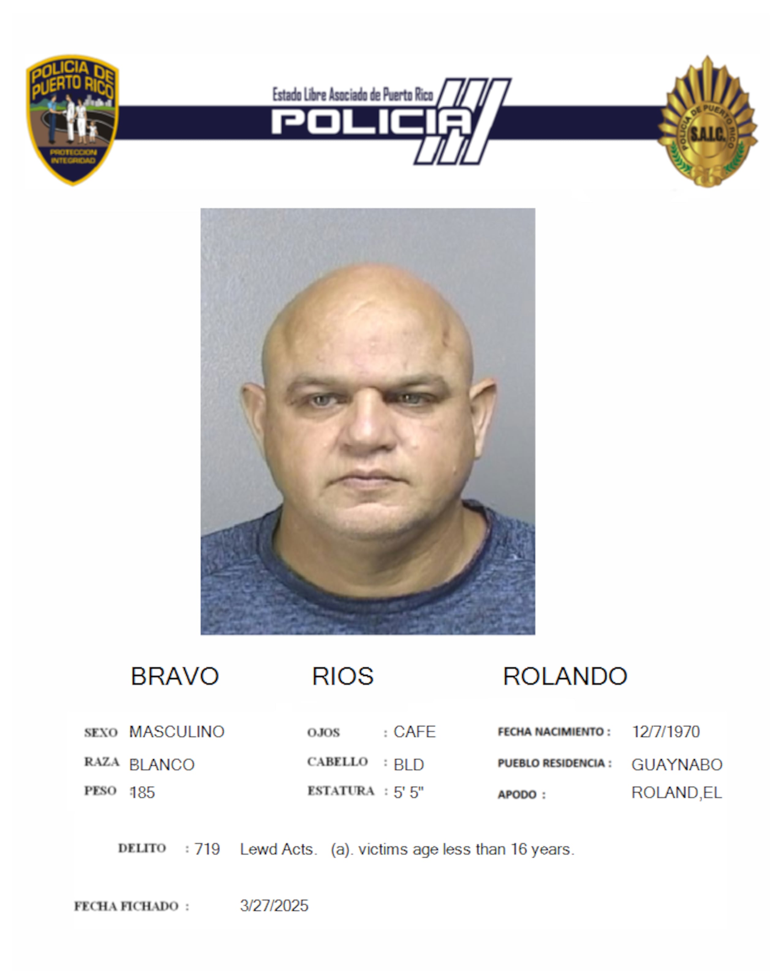 Rolando Bravo Ríos, enfrenta cargos criminales por actos lascivos y agresión sexual contra una adolescente, durante tres años.