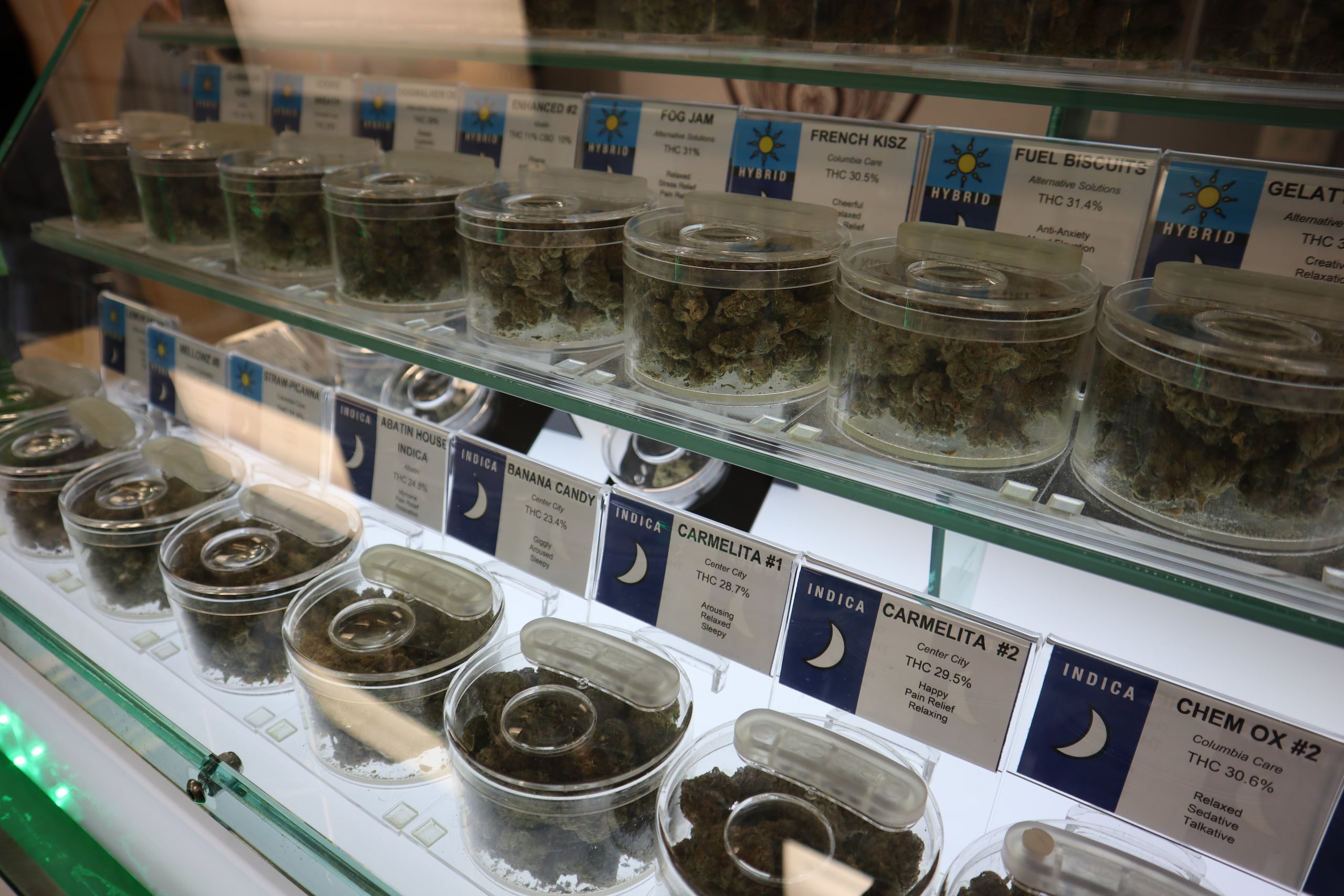 Diferentes tipos de marihuana en el Takoma Wellness, el mayor dispensario en Washington D.C. (EFE/Octavio Guzmán)