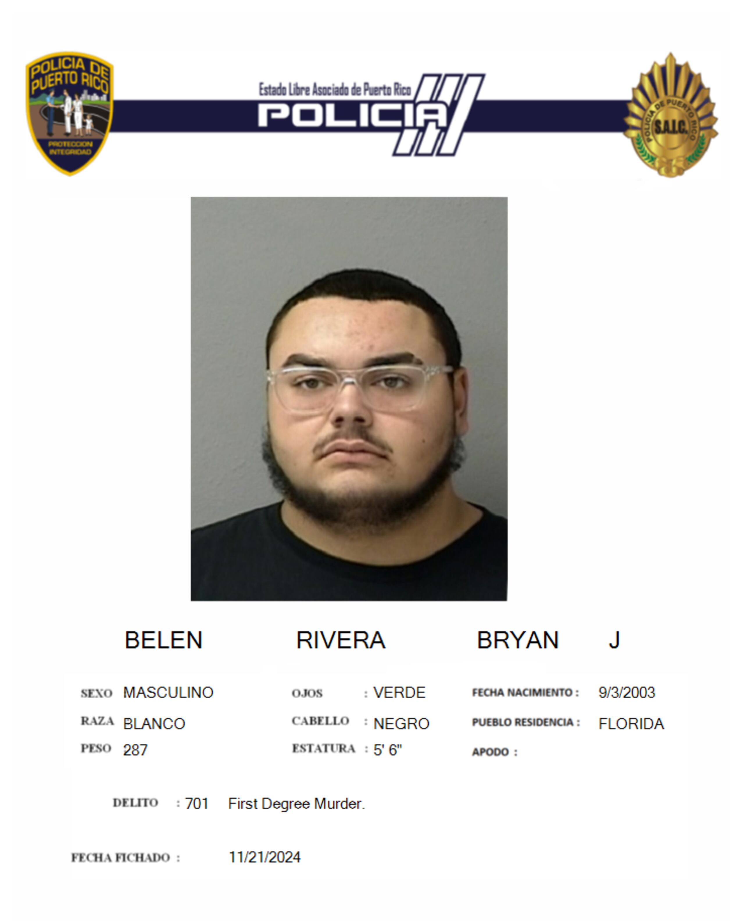 Bryan J. Belén Rivera, enfrenta cargos por los delitos de asesinato en primer grado y violación a la Ley de Armas.