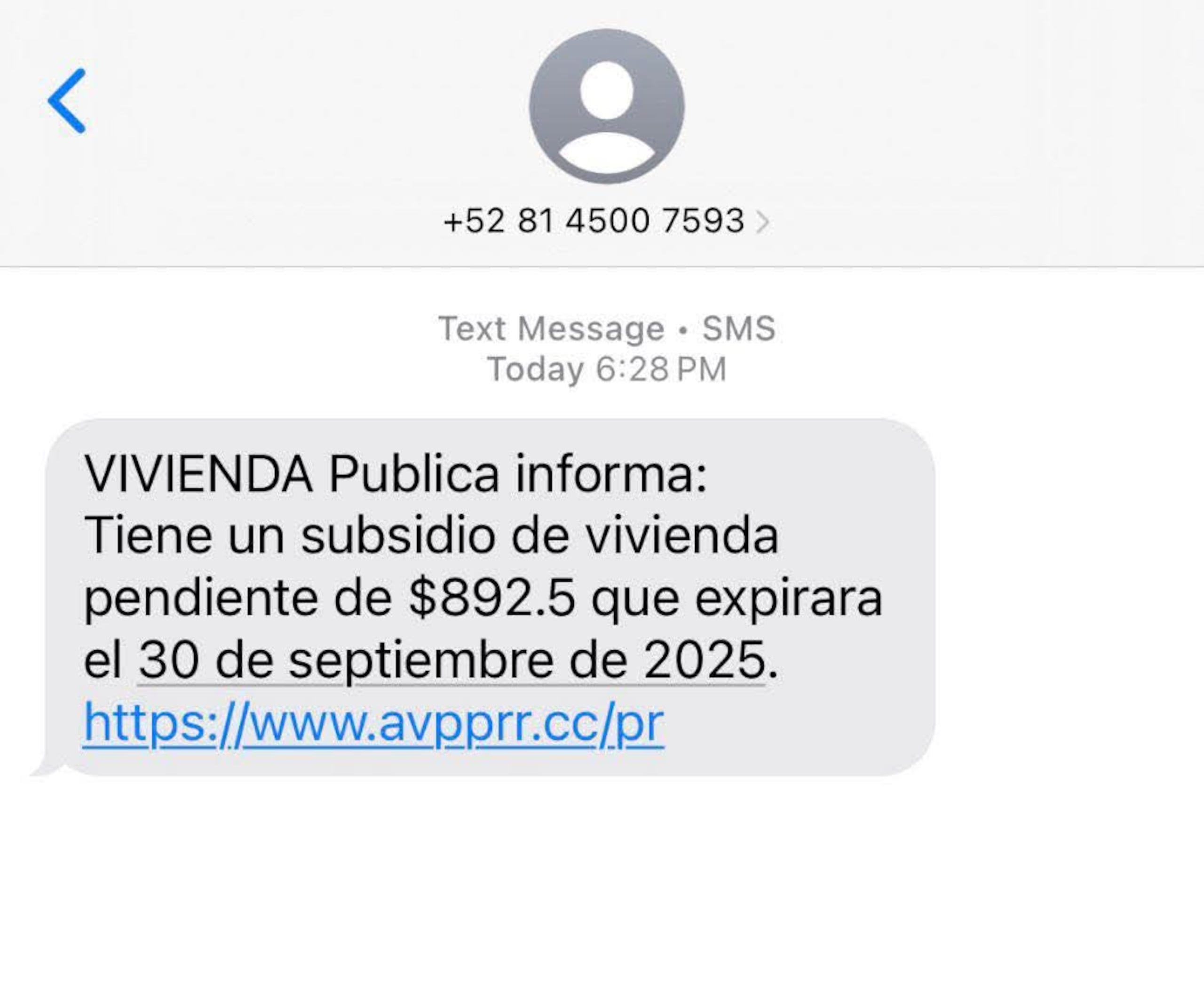 Ejemplo de mensaje fraudulento sobre supuesto subsidio de Vivienda.
