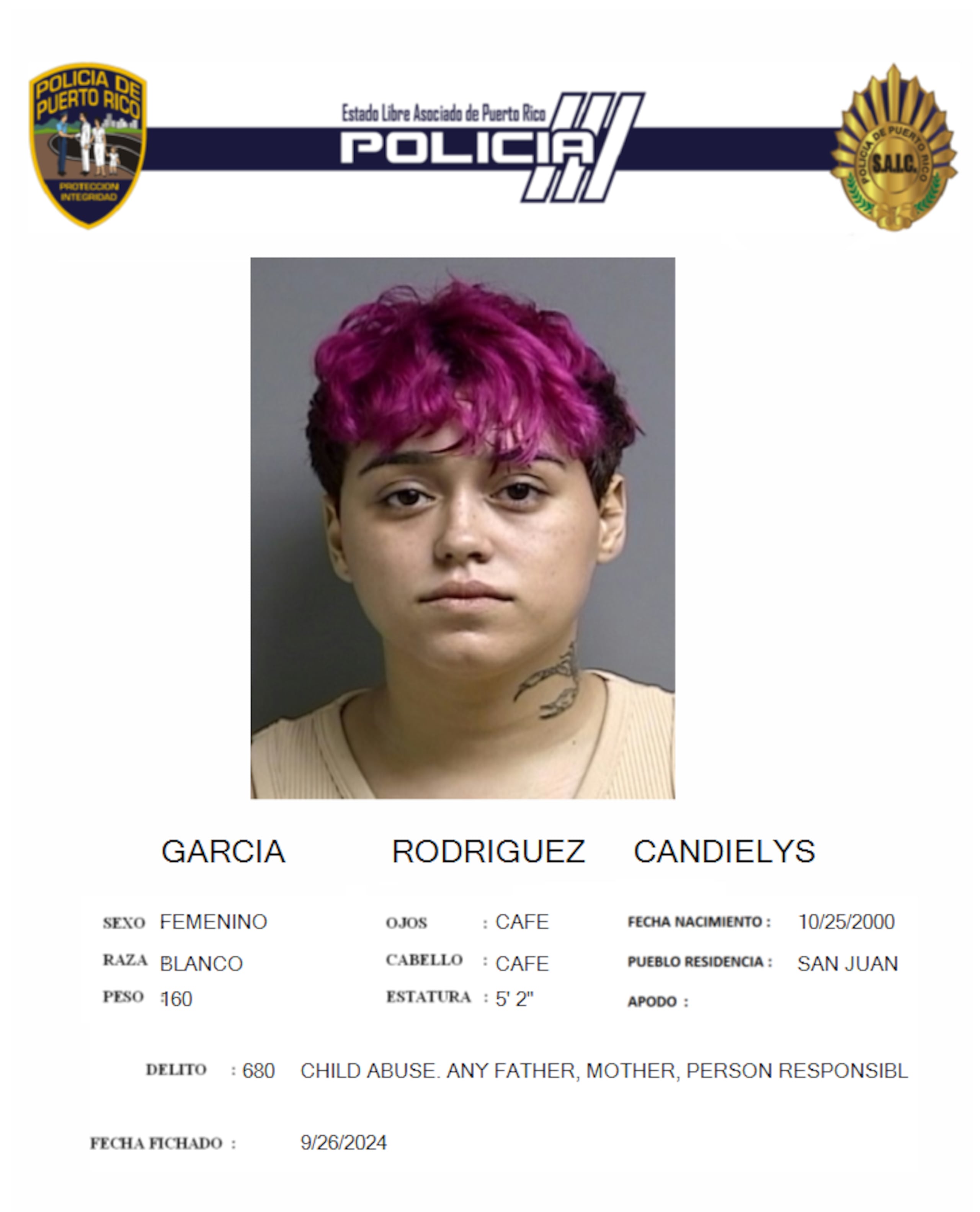 Ficha de la acusada, Candielys García Rodríguez.