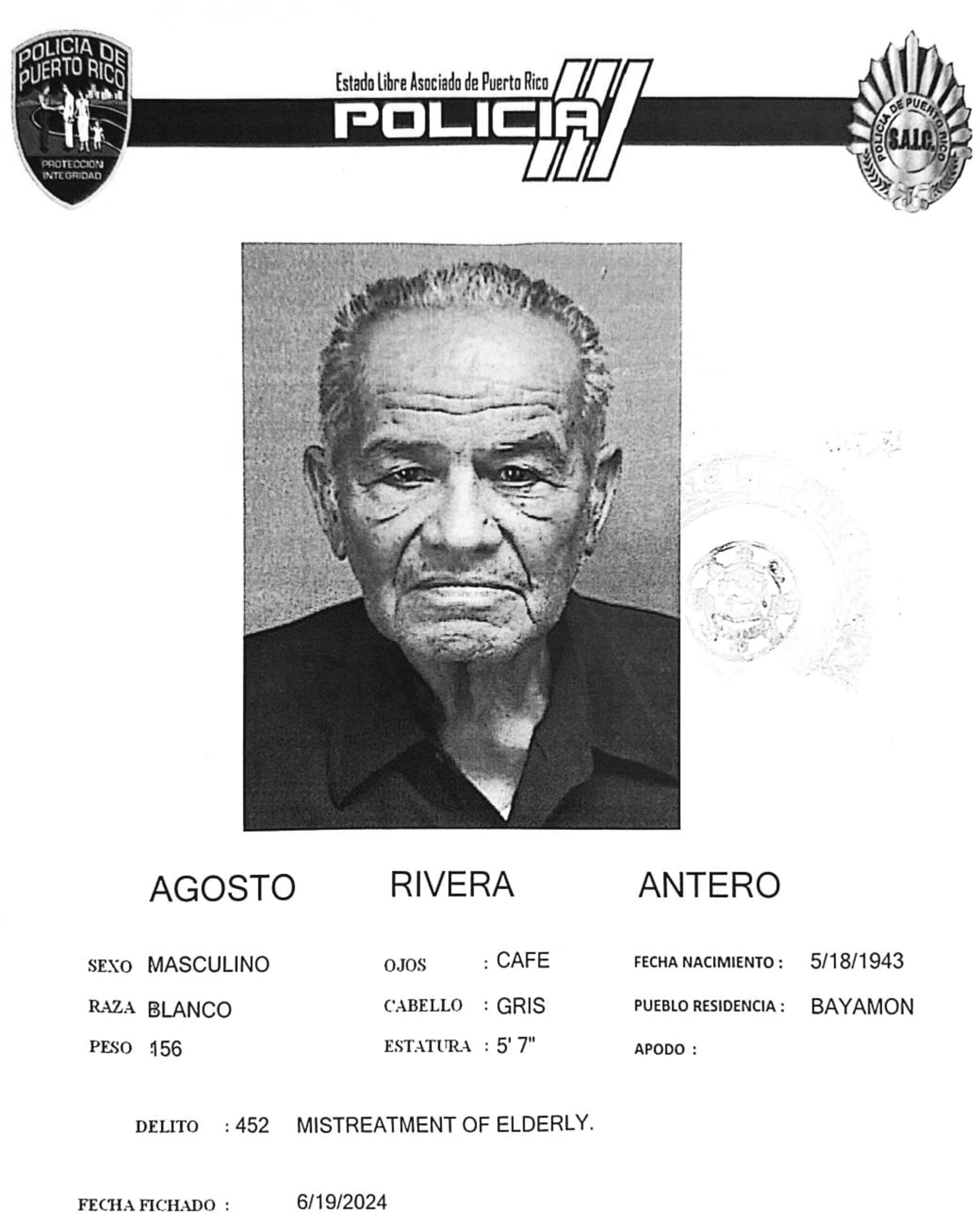Antero Agosto Rivera de 81 años fue acusado por maltrato de menores y de envejecientes.