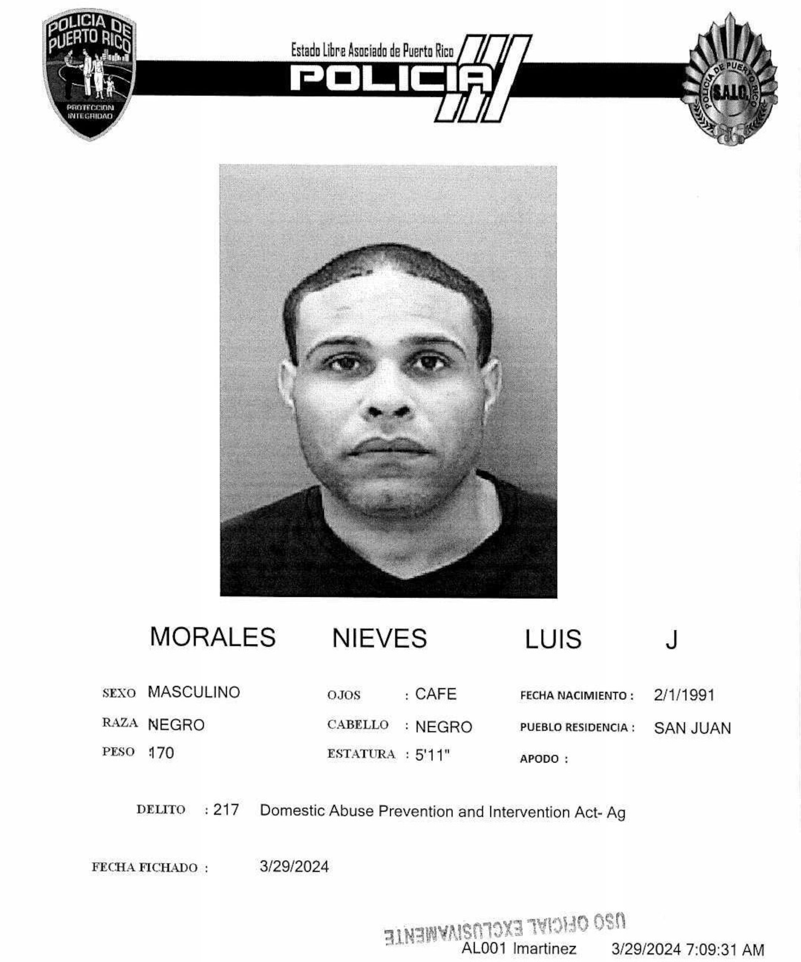 Ficha del sospechoso, Luis Javier Morales Nieves.