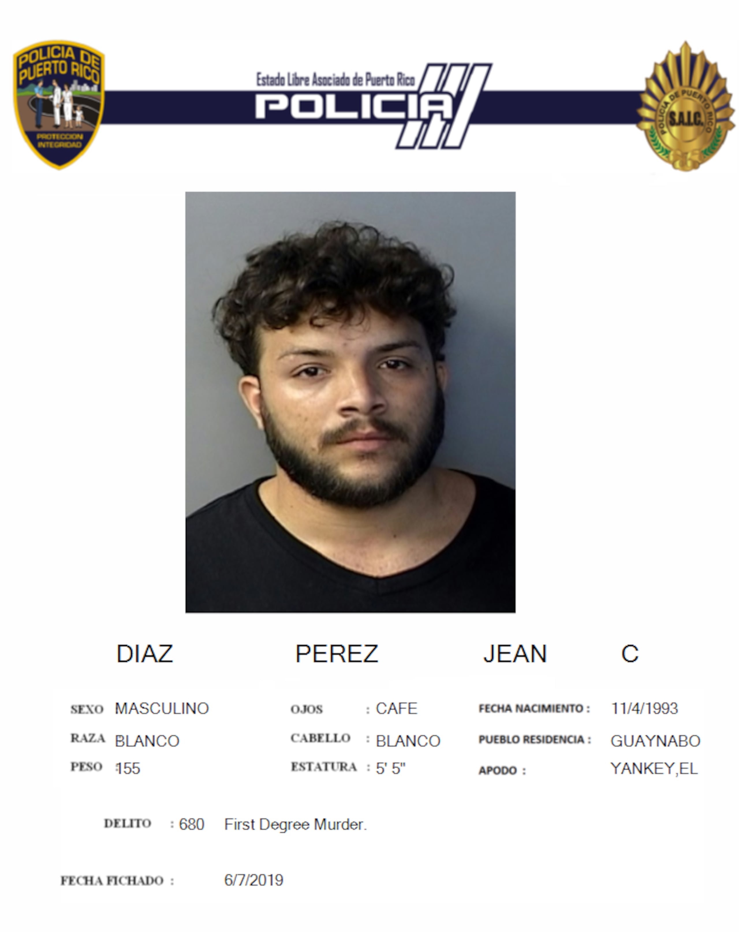 Jean C. Díaz Pérez tenía expediente criminal por asesinato en primer grado del año 2019.