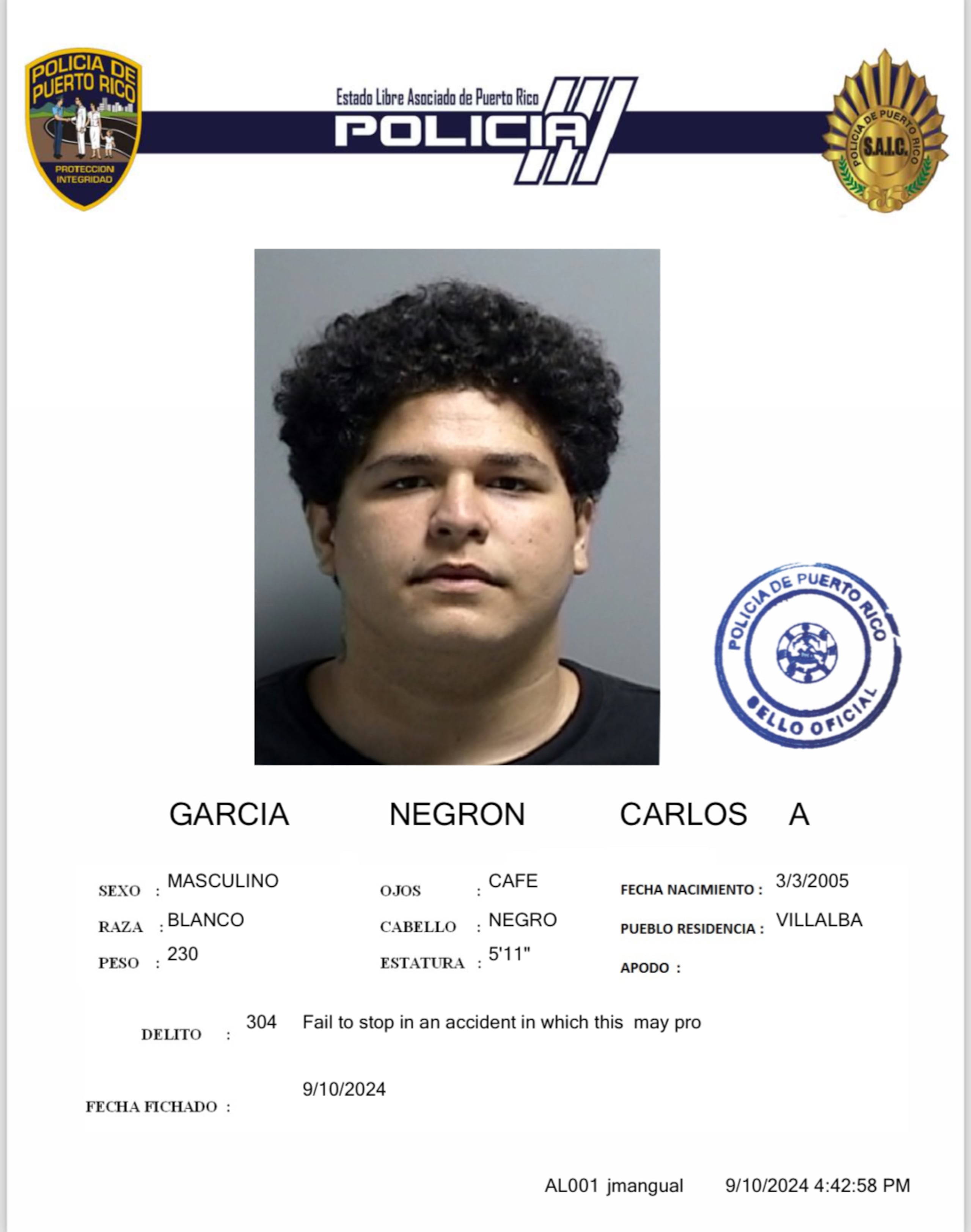 Ficha policial del sospechoso, Carlos Alfonso García Negrón.