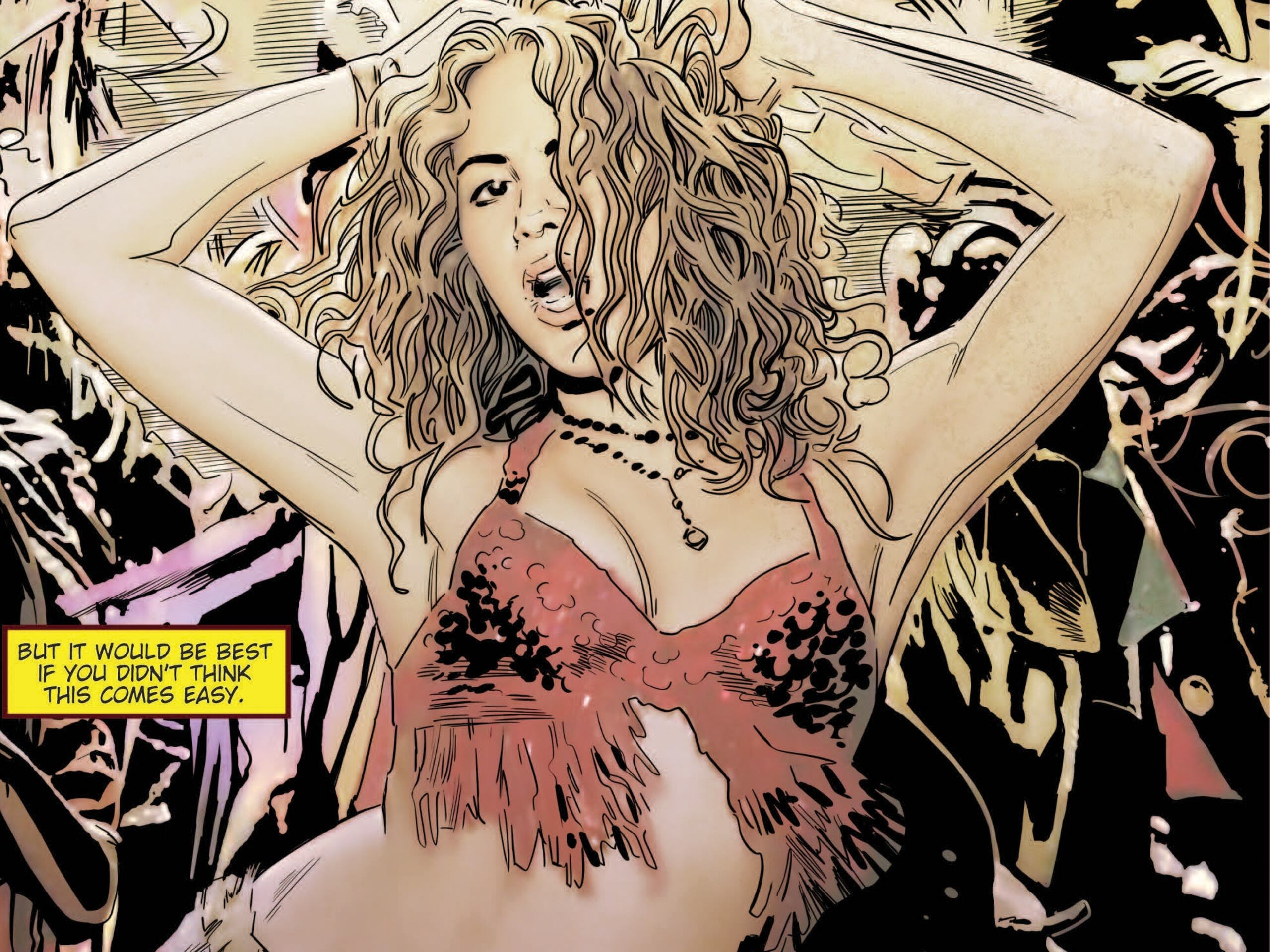 Fotografía cedida por TidalWave Productions donde se muestra la página cuatro del cómic dedicado a la cantante colombiana Shakira por la serie 'Female Force', que ya está disponible en varias plataformas en formato digital e impreso. EFE/TidalWave Productions /SOLO USO EDITORIAL /NO VENTAS /SOLO DISPONIBLE PARA ILUSTRAR LA NOTICIA QUE ACOMPAÑA /CRÉDITO OBLIGATORIO