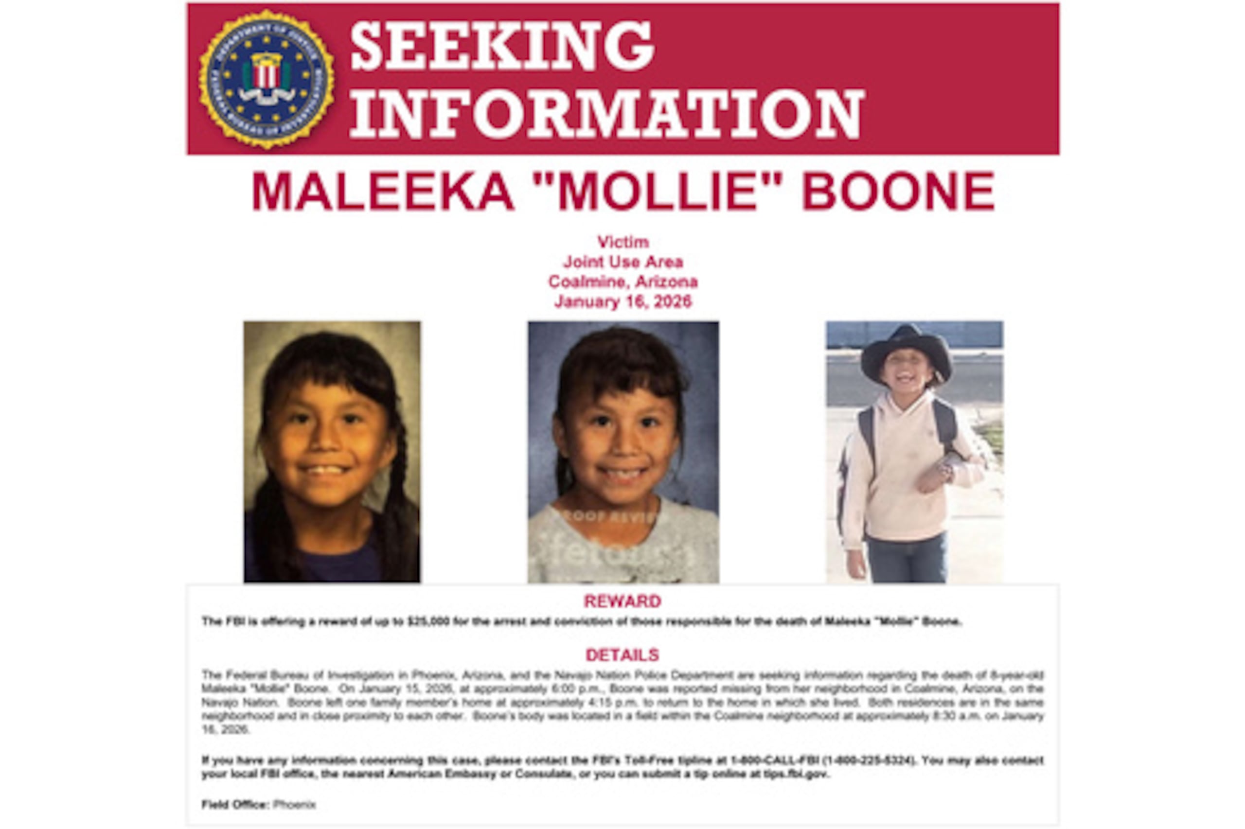 Esta imagen muestra parte de un aviso de "búsqueda de información" publicado por la Oficina Federal de Investigación en relación con Maleeka "Mollie" Boone, una niña de 8 años cuyo cadáver, hallado en tierras tribales del norte de Arizona el mes pasado tras ser dada por desaparecida, fue probablemente atropellado por un vehículo que pasaba por allí. (FBI vía AP)